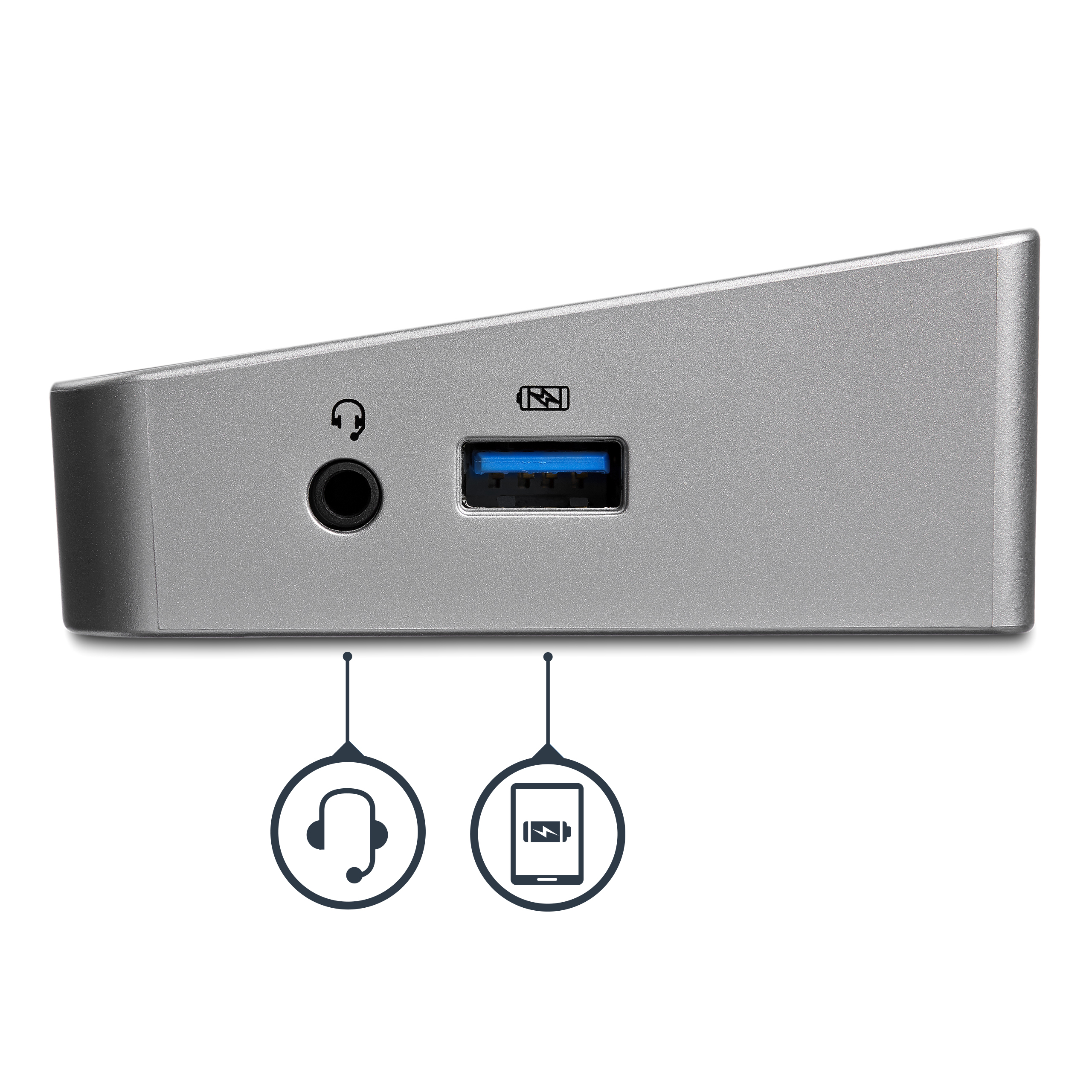 Stazione di ancoraggio argentata con icone per cuffie e porta USB su sfondo bianco.