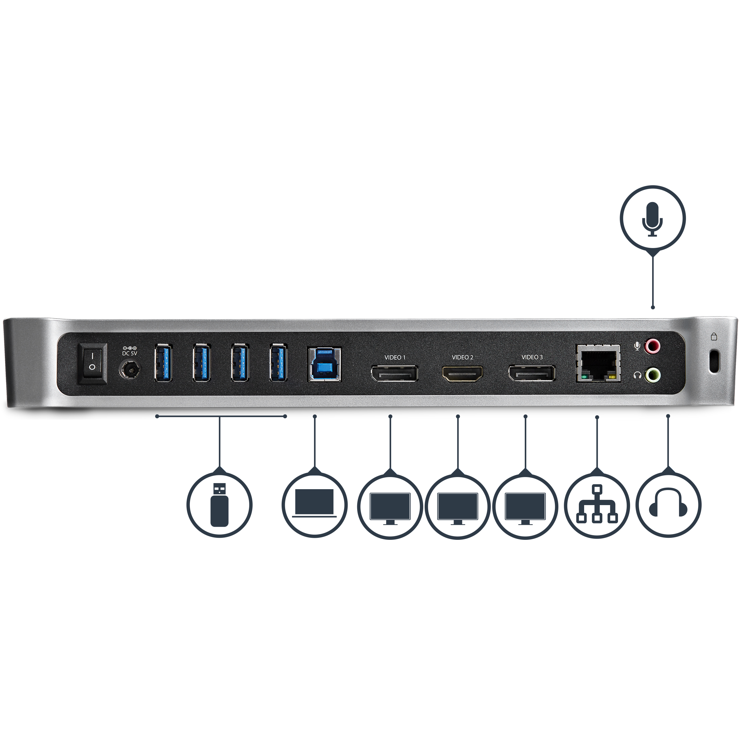 Hub argentato con porte, USB, video e connessioni audio. Le icone indicano diversi tipi di dispositivi.