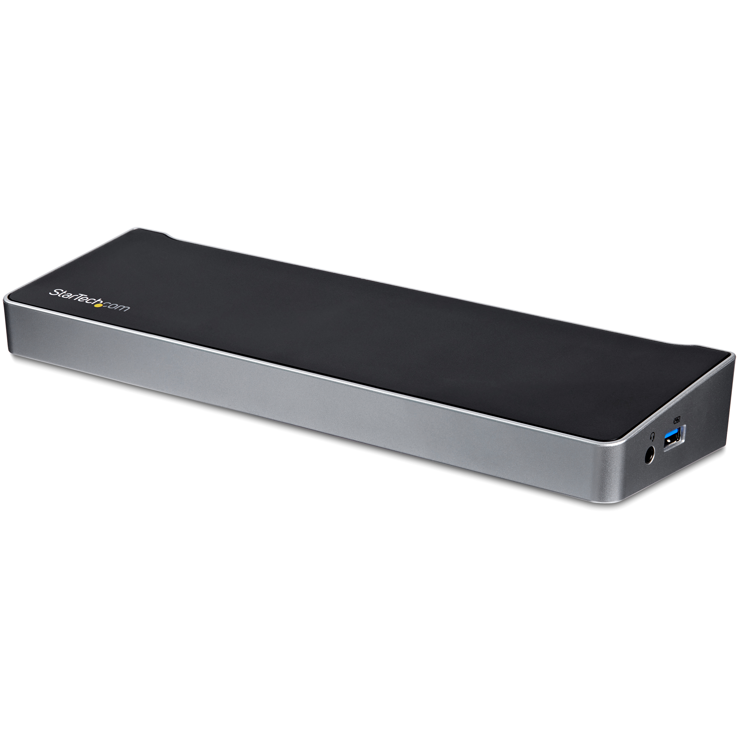 Stazione di docking StarTech.com nera e argento. Ha una porta USB e un jack per le cuffie.