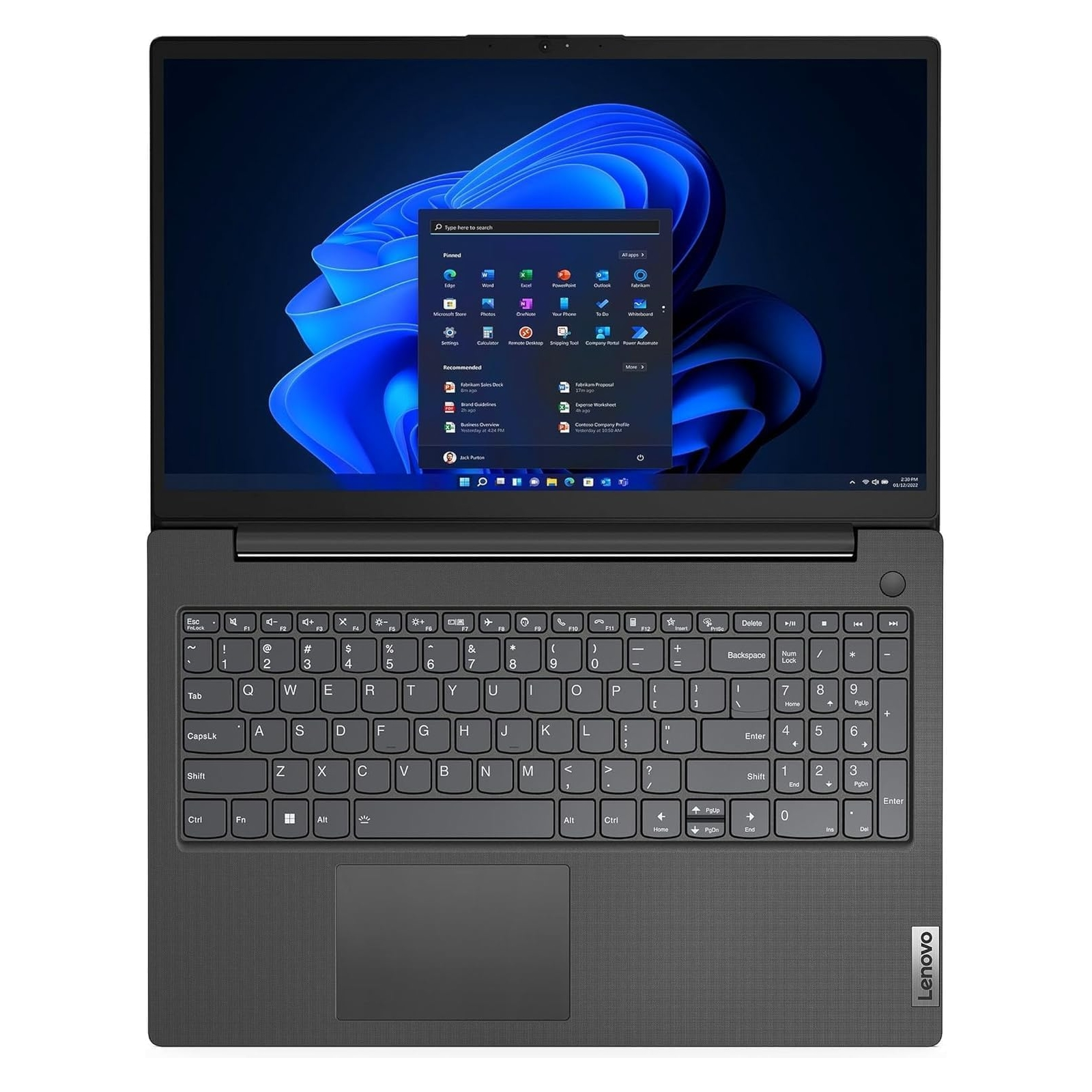 Laptop aperto, vista dall'alto, corpo grigio scuro con tastiera e schermo che mostra l'interfaccia Windows.