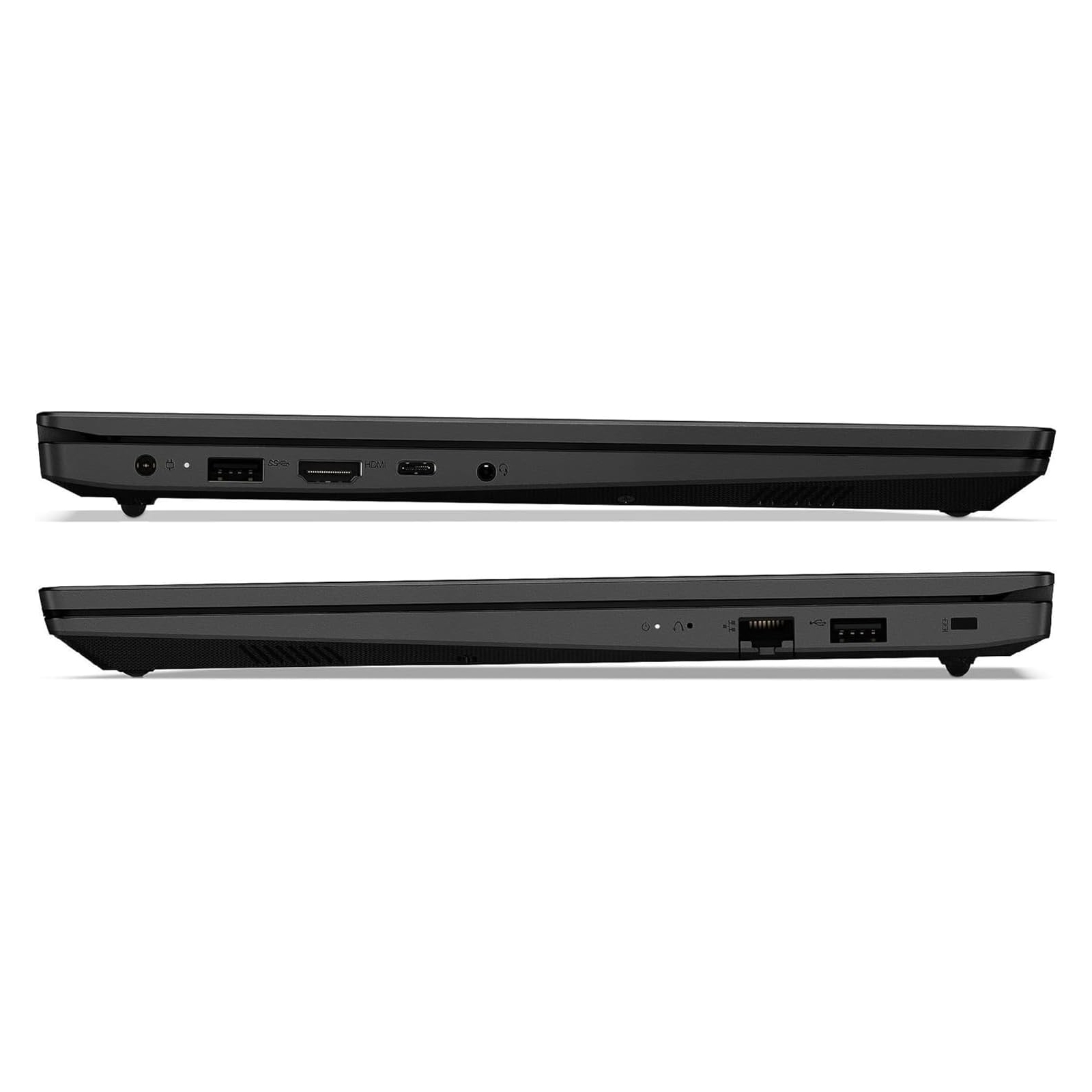 Due viste laterali di un laptop nero che mostrano porte e prese d'aria.