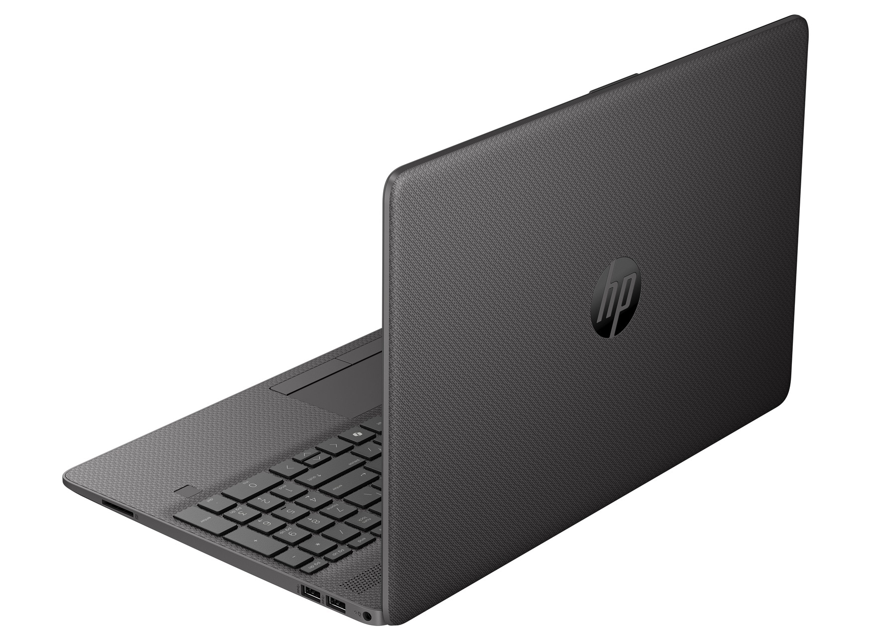 Laptop, vista angolata, grigio scuro con superficie testurizzata e logo HP visibile sul coperchio.