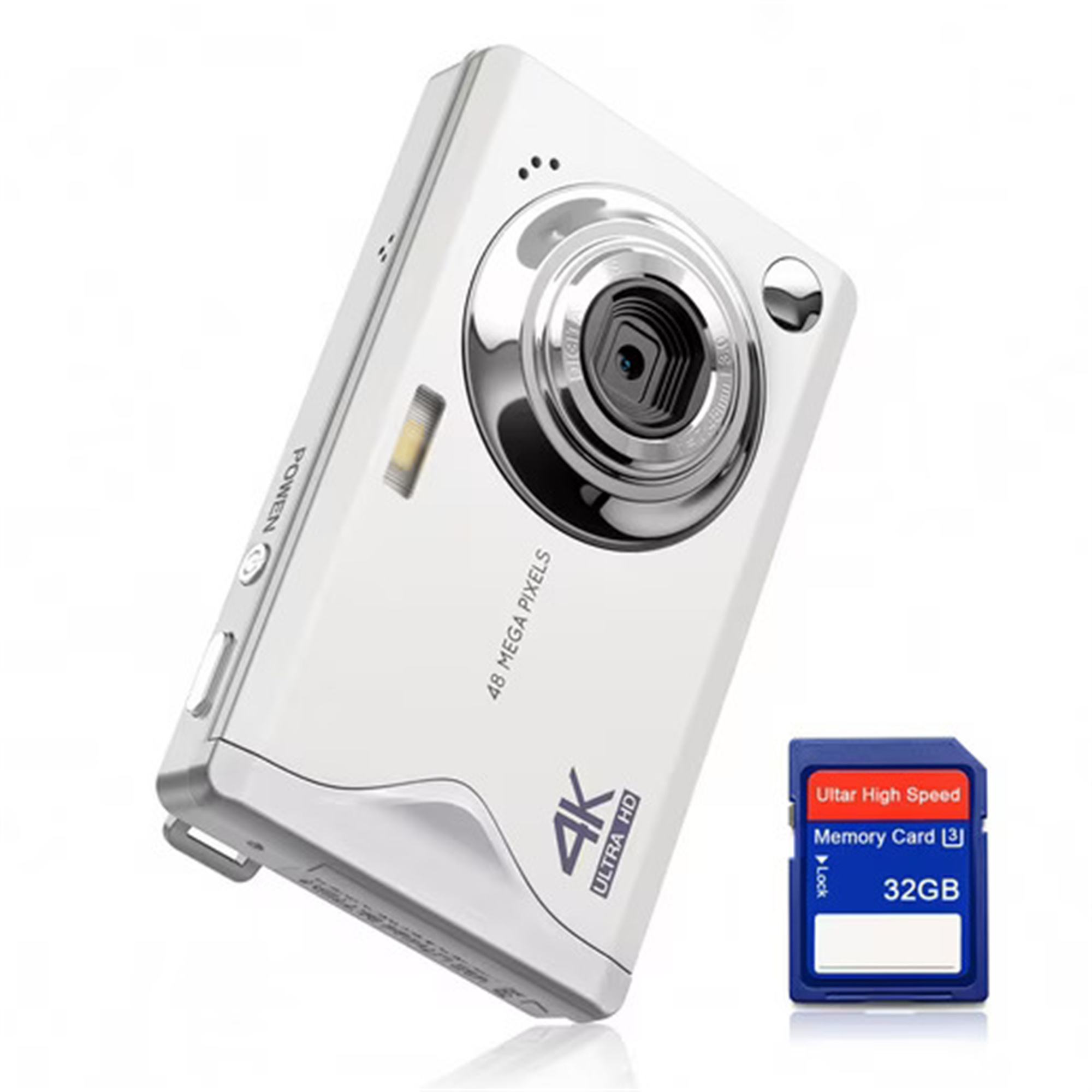 Weiße Digitalkamera mit silbernem Objektiv und einer blauen 32GB Speicherkarte. 4K Ultra HD.