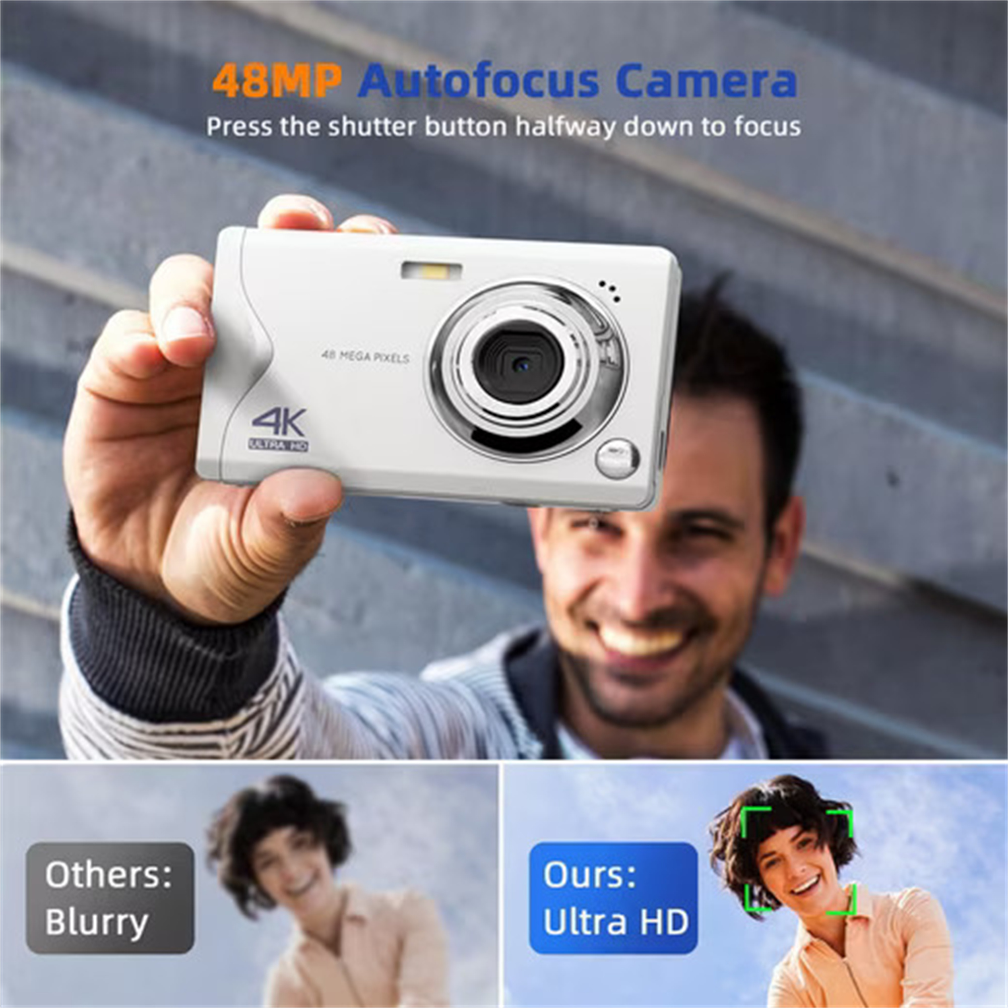 Kamera mit einem Mann im Hintergrund. Text sagt 48MP Autofokus-Kamera. Ultra HD.