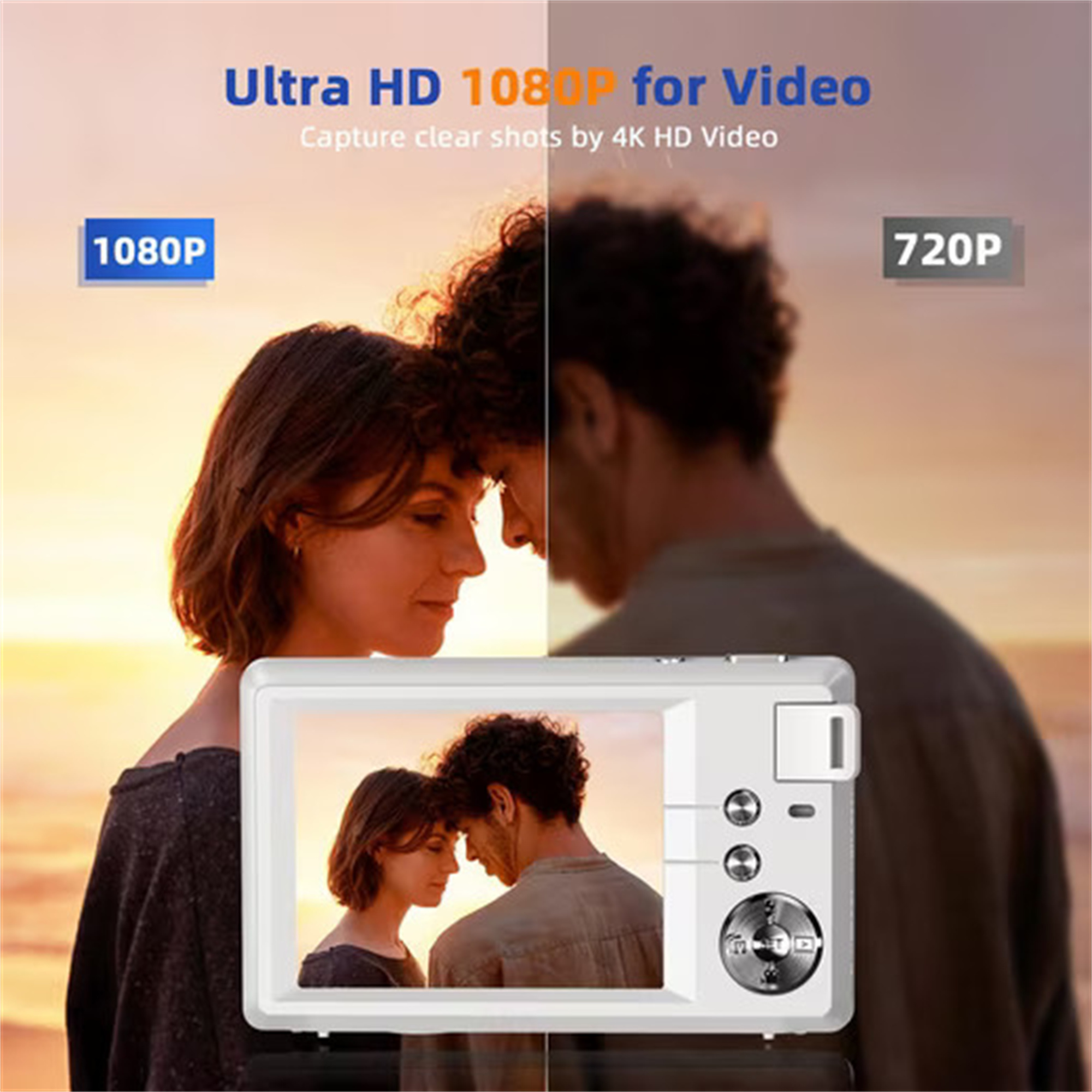 Eine Kamera, die das Bild eines Paares mit dem Text 'Ultra HD 1080P for Video' anzeigt.