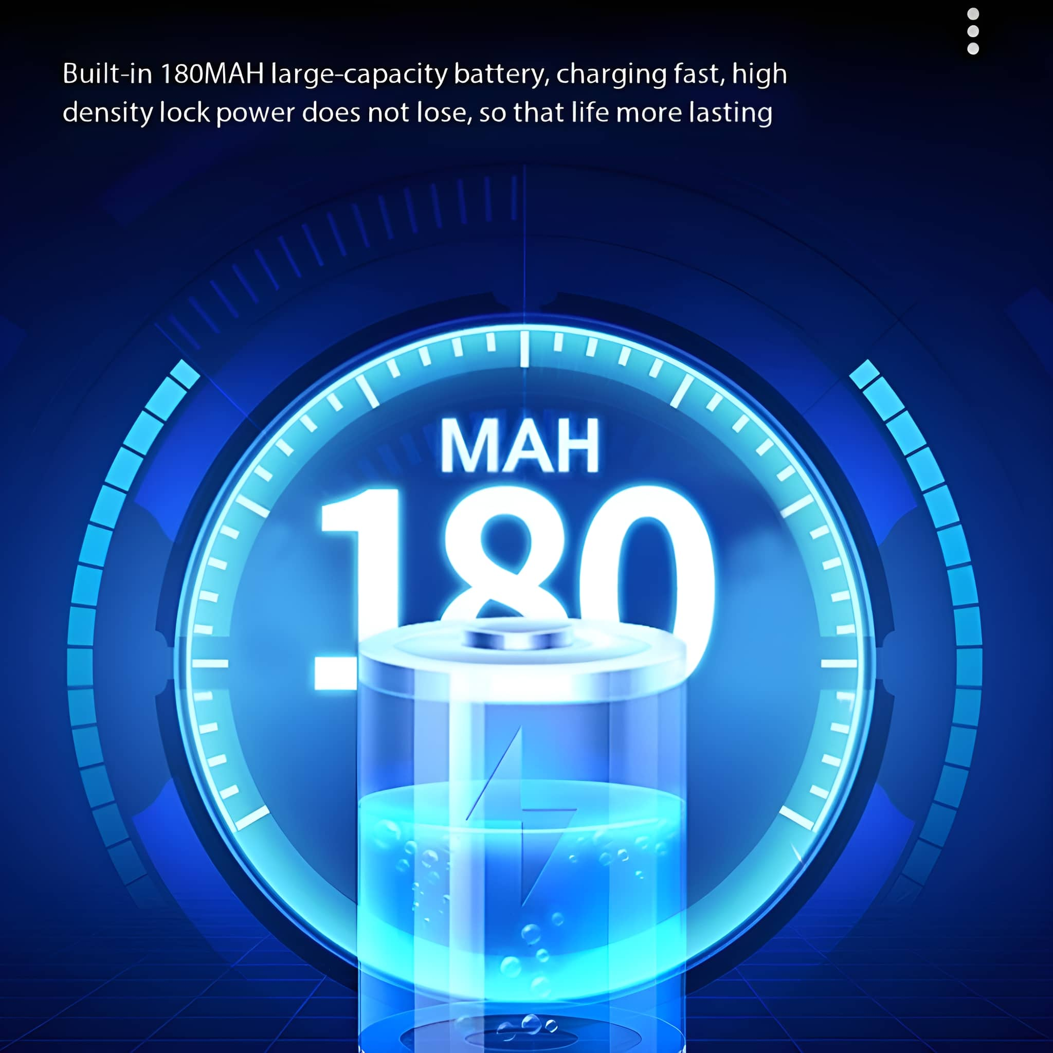 Eine Batterie mit digitaler Anzeige, die 180 MAH anzeigt. Blauer Hintergrund. Text über das Aufladen.
