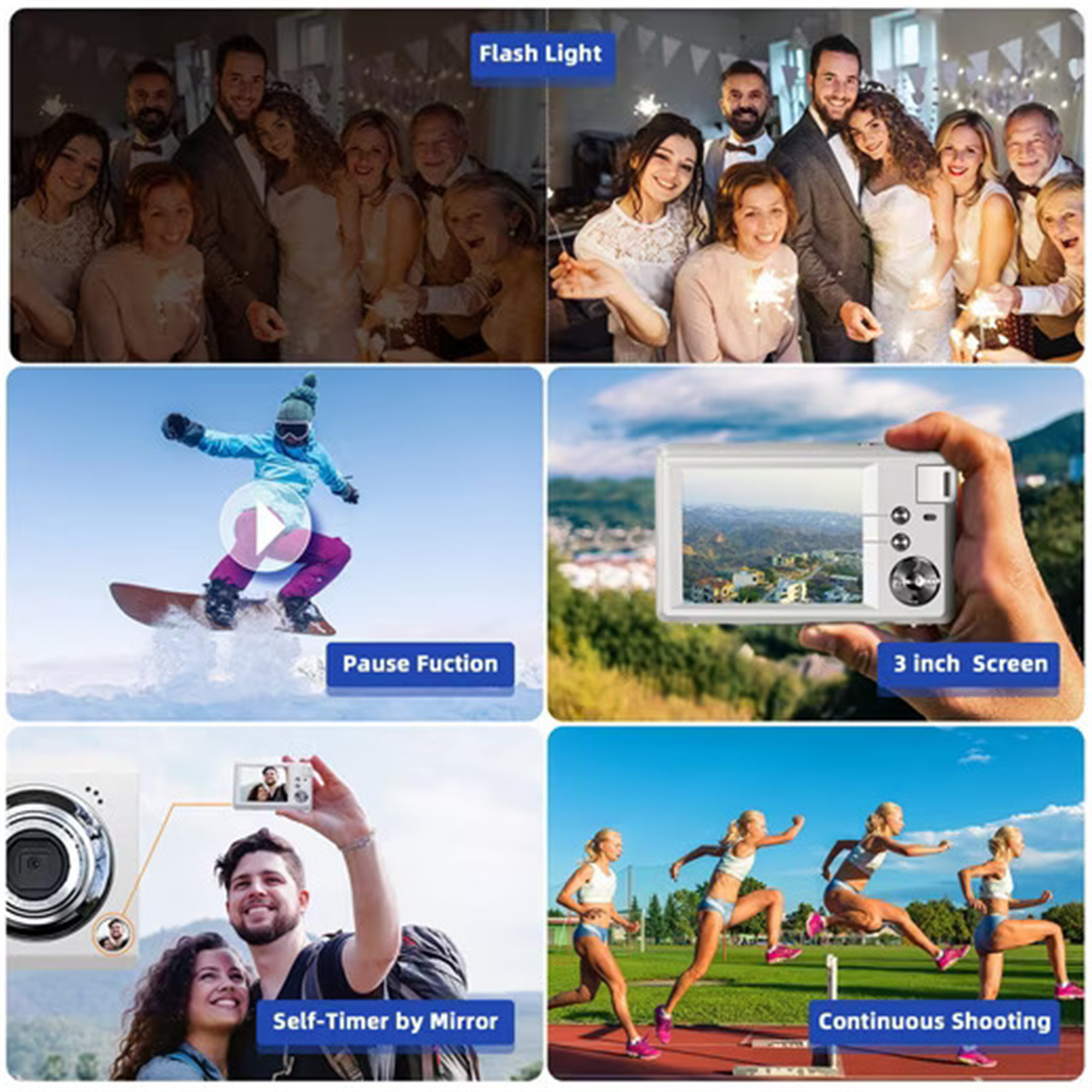 Eine Collage aus Fotos und Videos. Menschen werden beim Fotografieren gezeigt und eine Gruppe mit Wunderkerzen.