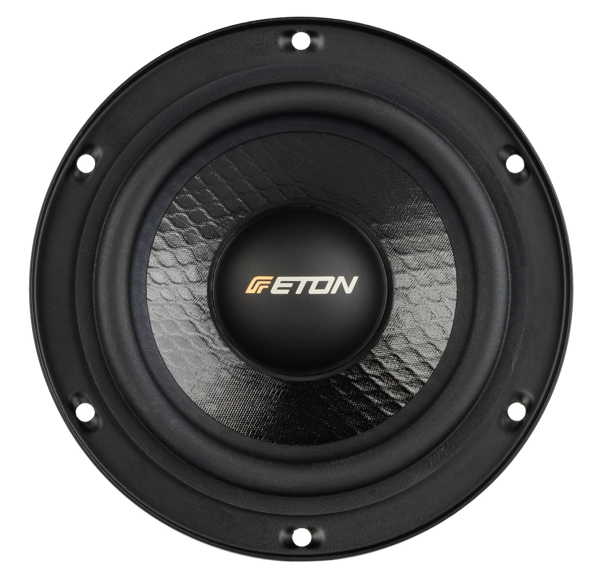 Ein schwarzer Auto-Audio-Subwoofer mit schwarzem Lautsprecher und metallischem Zentrum mit Markenname.