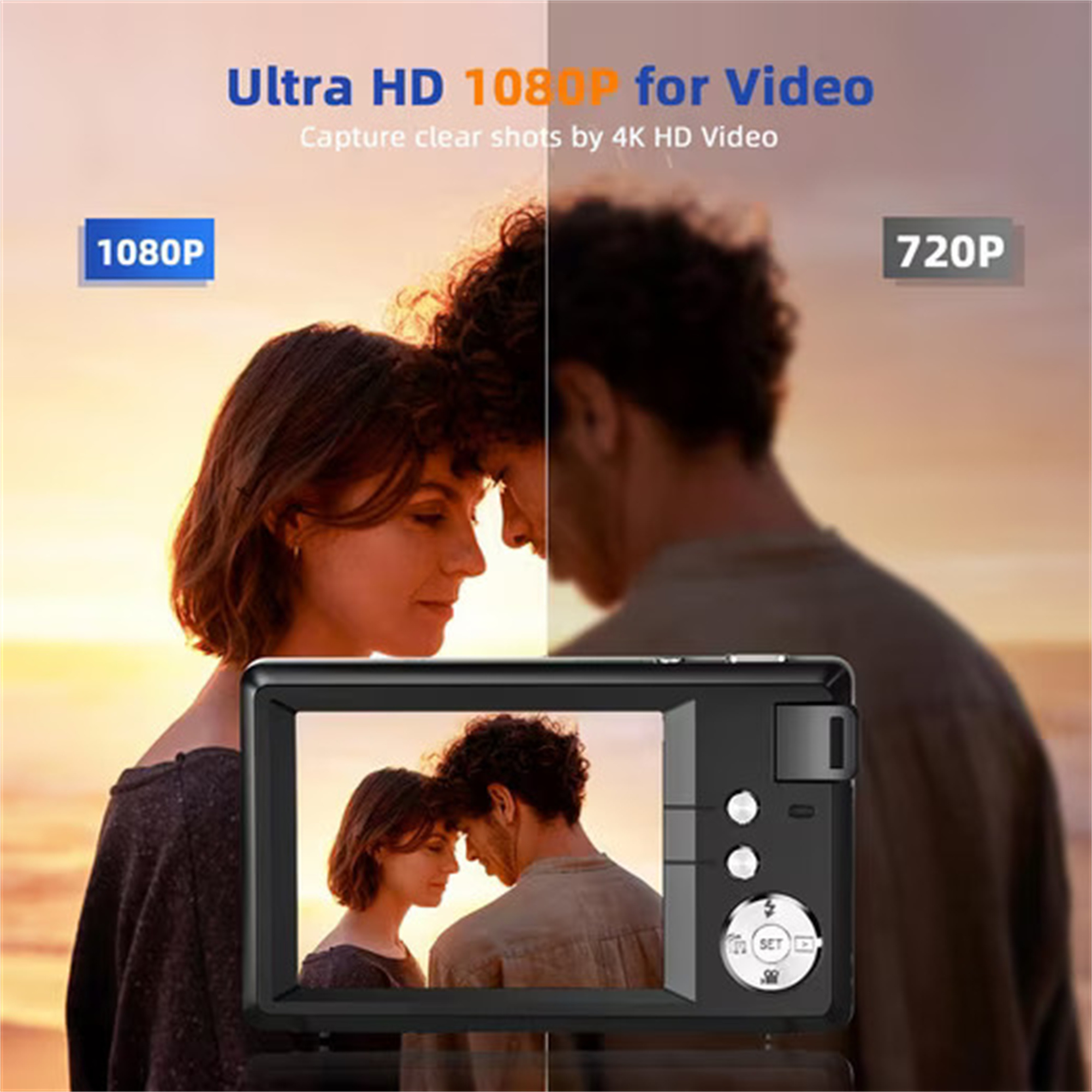 Ein Paar betrachtet eine Kamera, die ihr Foto zeigt. Text sagt 1080P für Video.