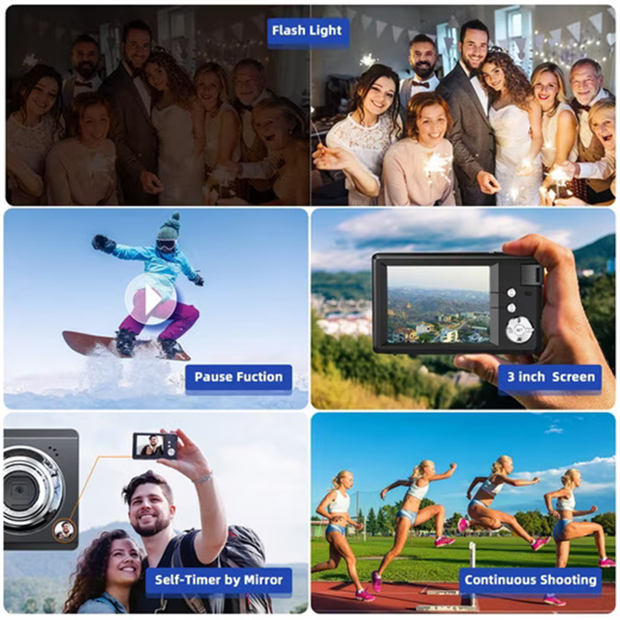 Collage von Fotos: Gruppe, Skifahrer, Kamera, Selfie, Läufer. Bildunterschriften: Blitzlicht, Pausenfunktion usw.