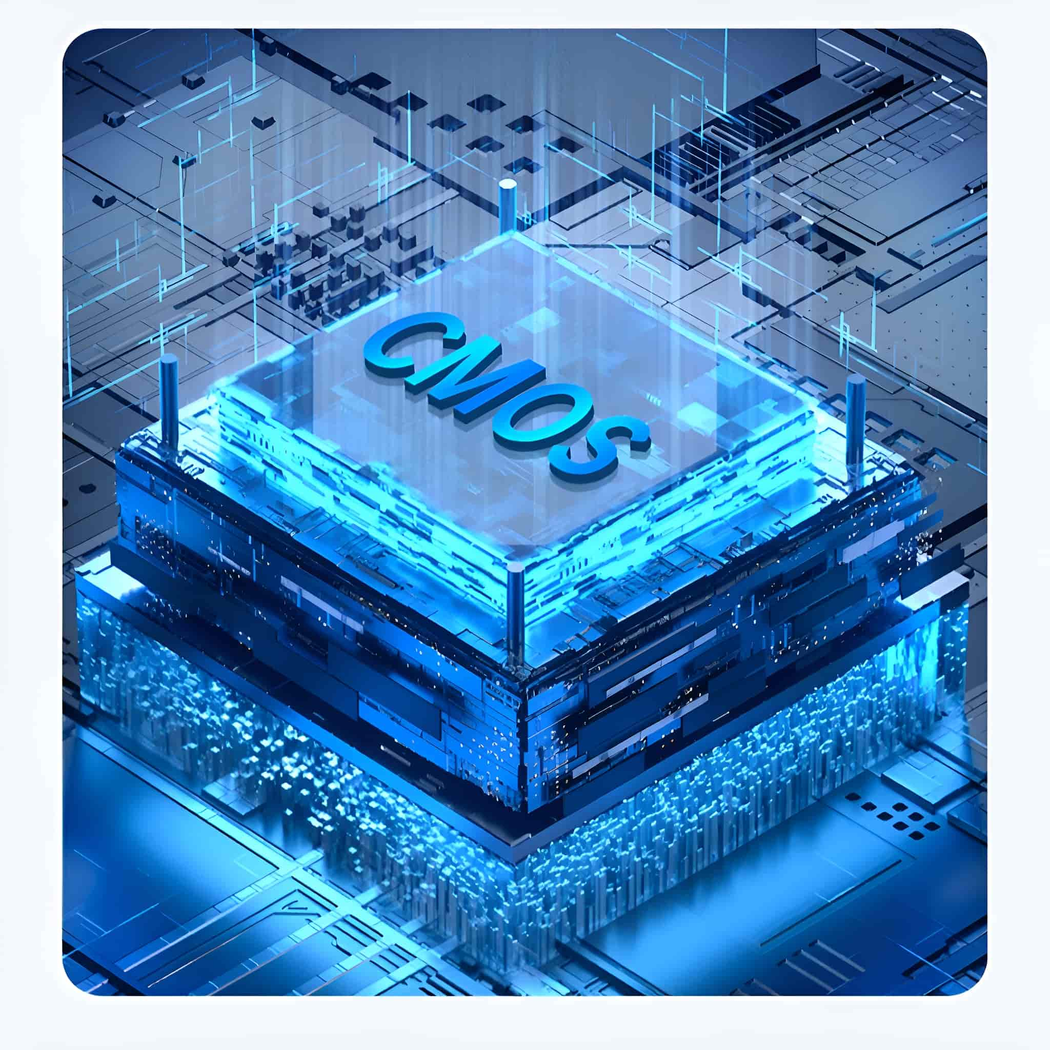 Nahaufnahme eines blauen CMOS-Chips. Text, der CMOS lautet.