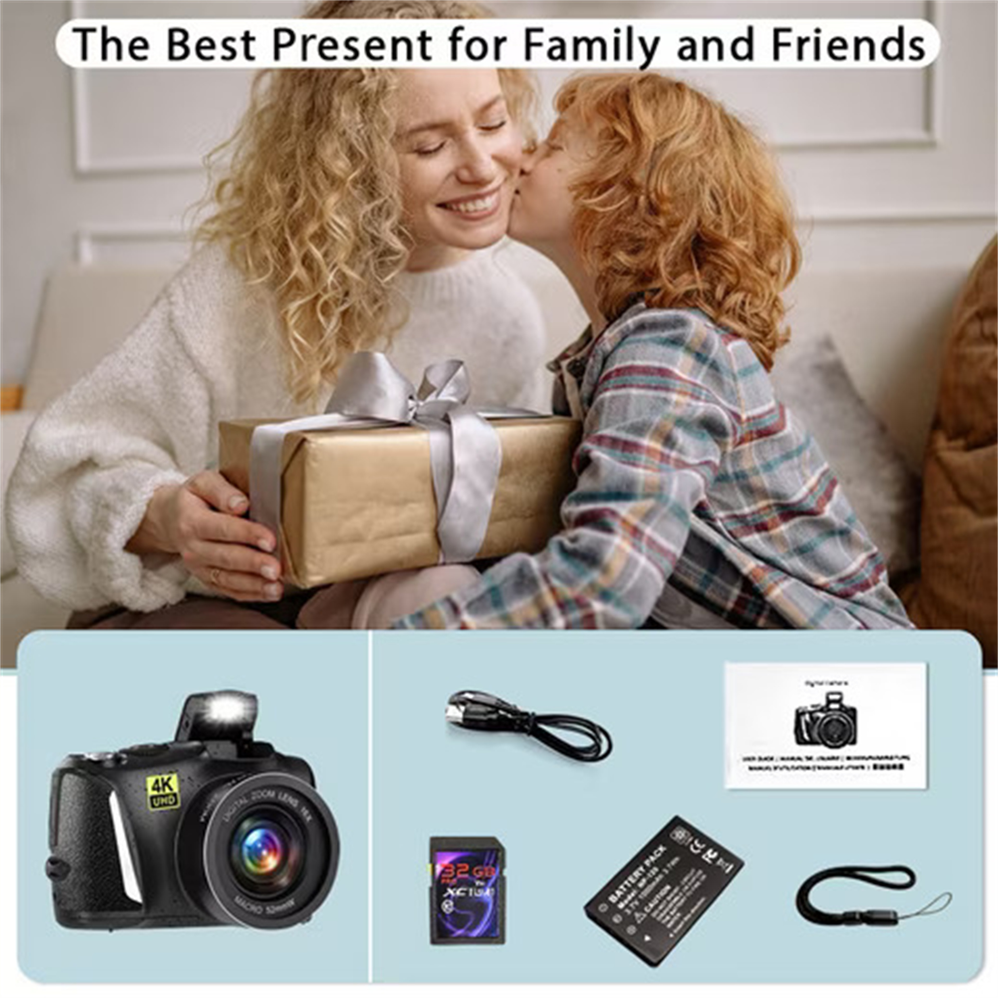 Eine Familie tauscht Geschenke aus, ein Junge küsst eine Frau. Kamera, SD-Karte und Zubehör gezeigt.