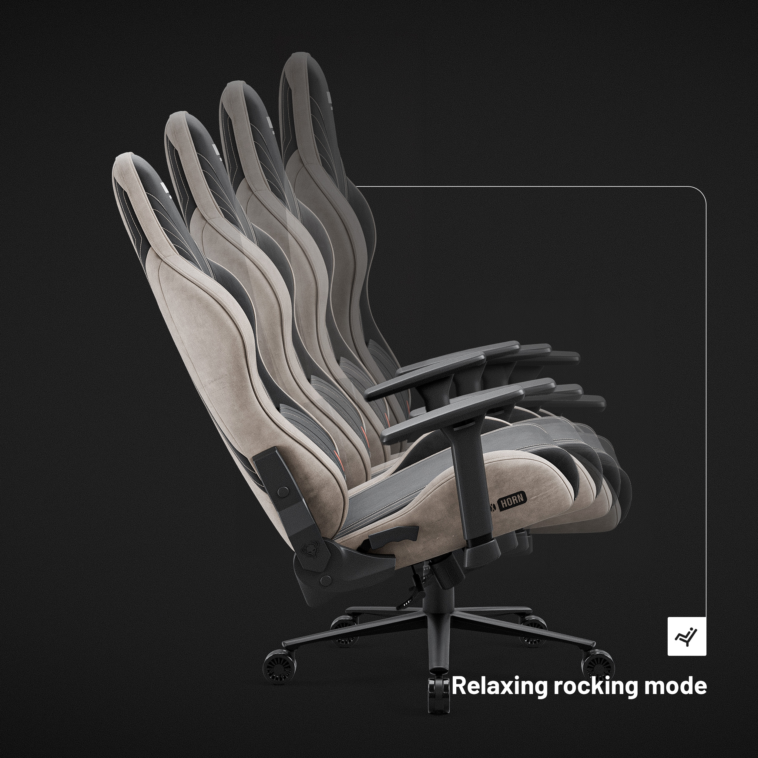 Krzesło do gier w serii pozycji kołysania, z czarnym tłem i grafiką.
