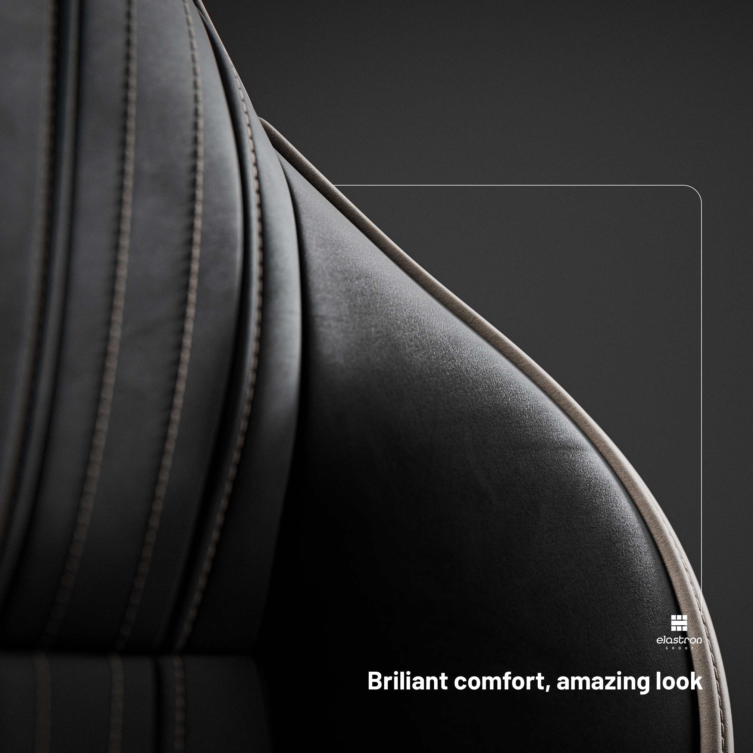 Czarny skórzany fotel ze szwami i tekstem na dole.