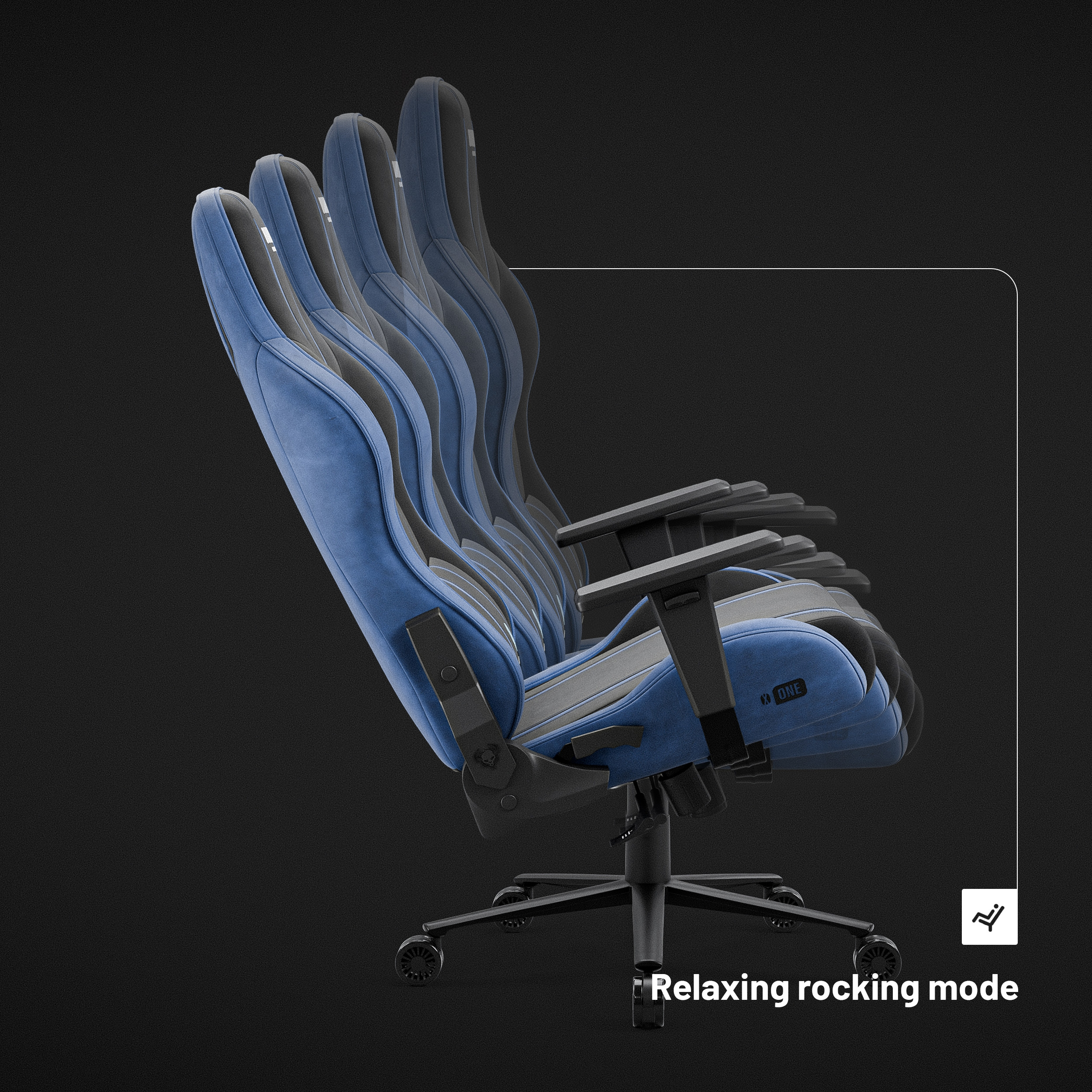 Niebieski fotel gamingowy w relaksującym trybie kołysania, pokazano wiele pozycji.