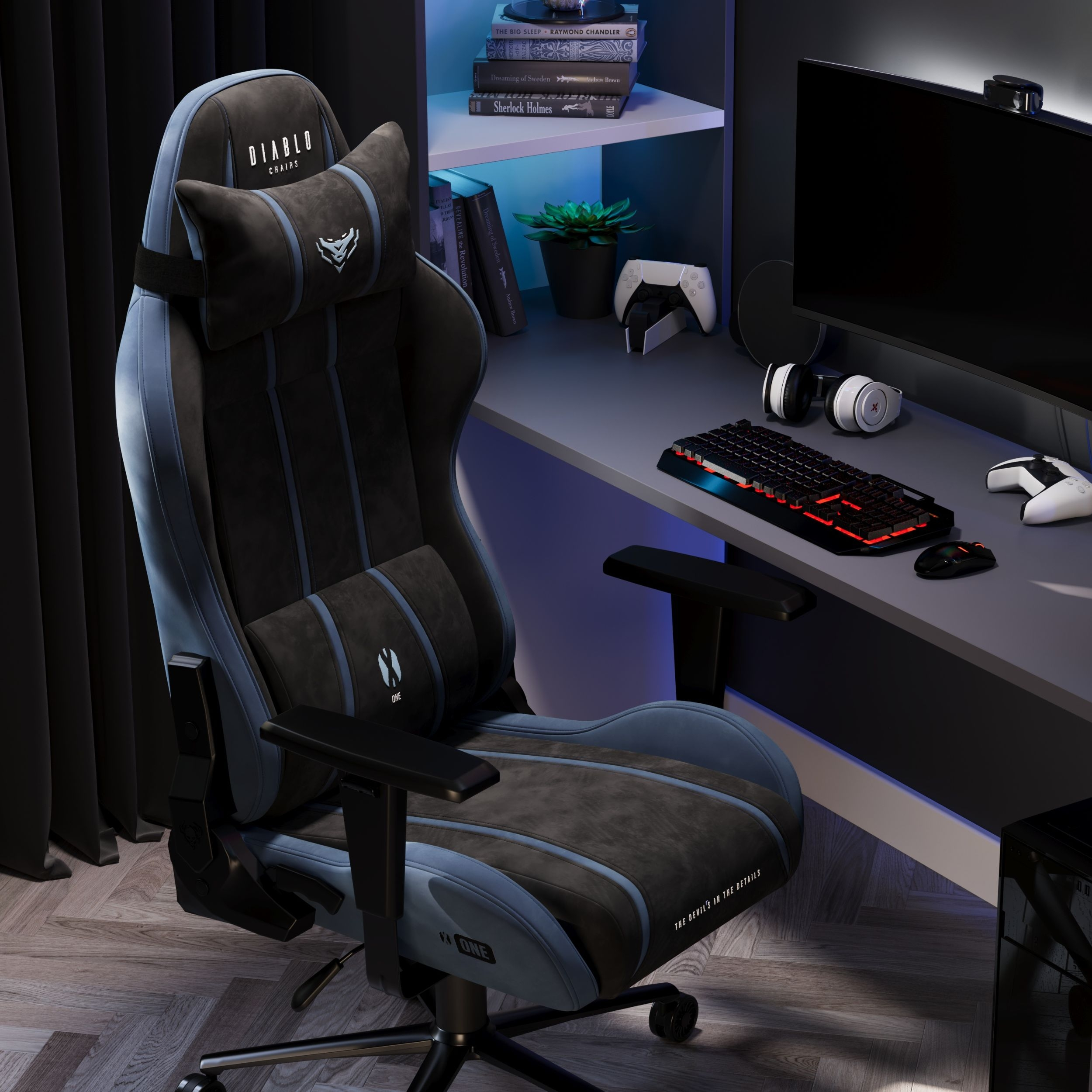 Krzesło gamingowe w czarno-niebiesko-szarej kolorystyce. W tle zestaw do gier.
