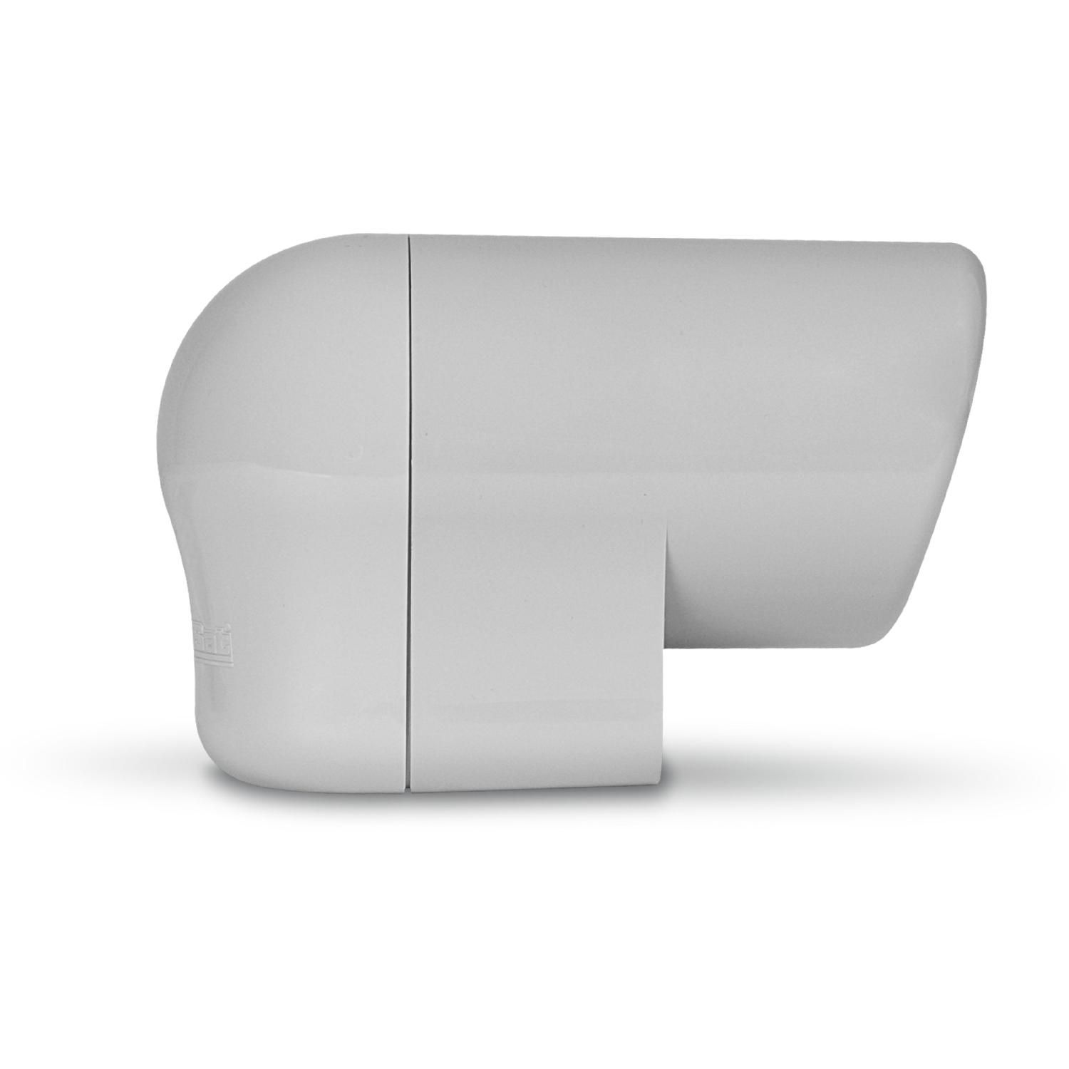 Białe, zakrzywione urządzenie. Posiada pionowy szew pośrodku, z małą, prostokątną podstawą.