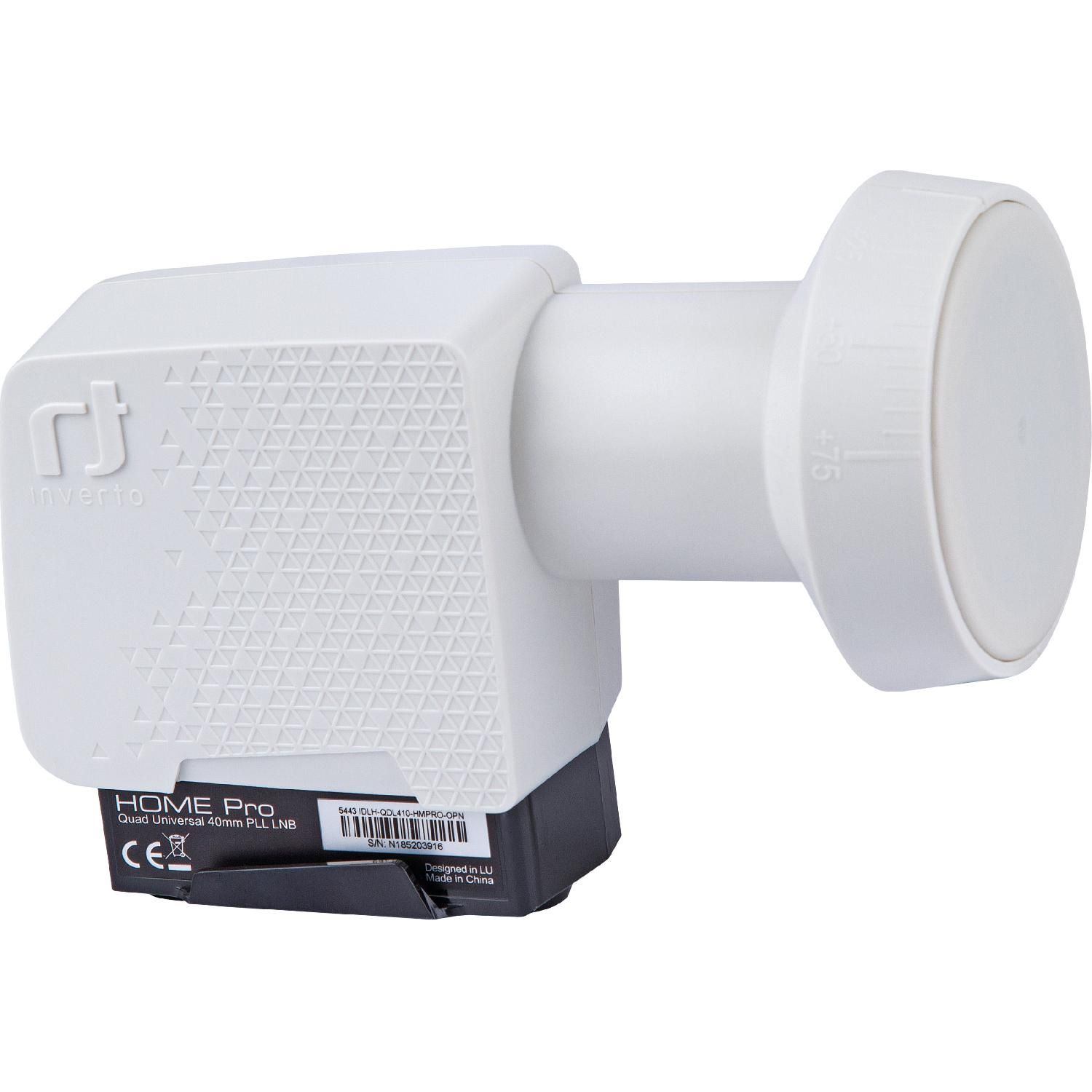 Weißes LNB mit schwarzer Basis. Es hat eine zylindrische Komponente auf der rechten Seite.