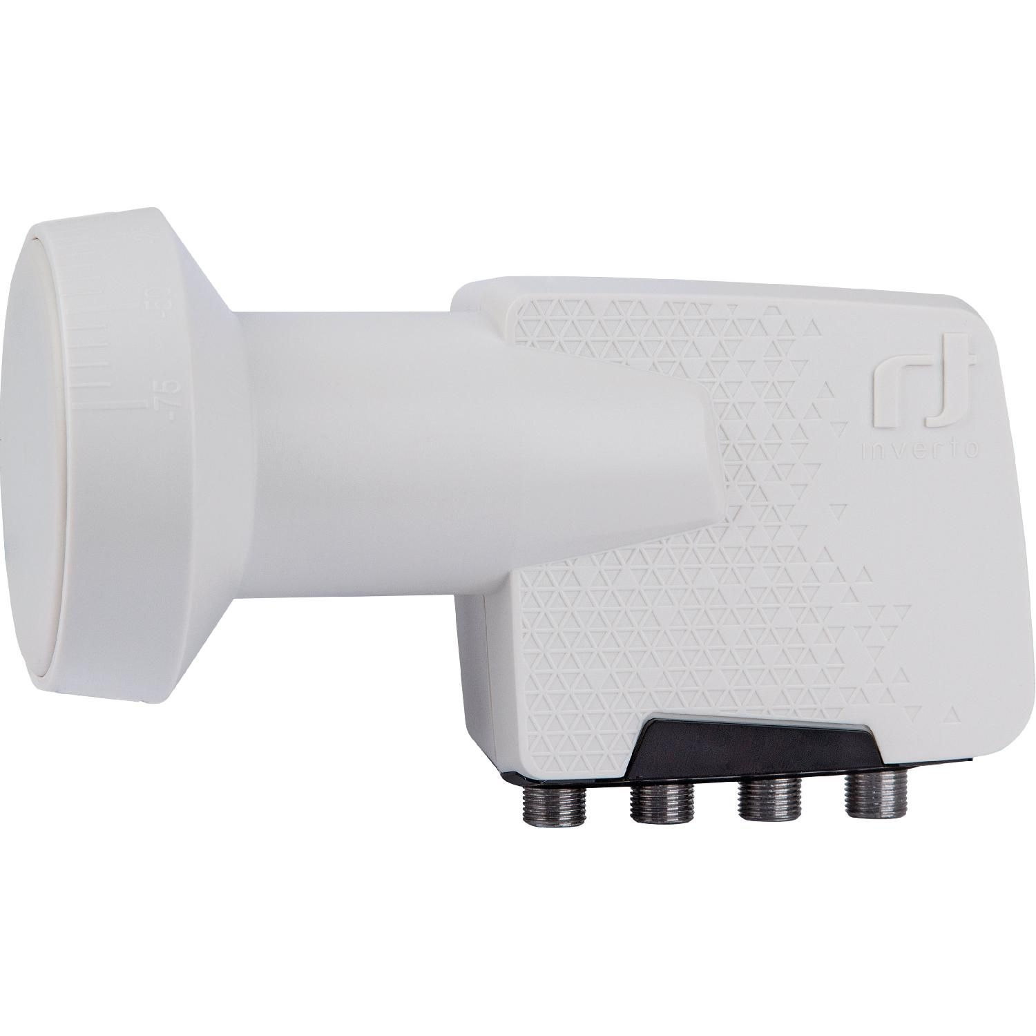 Ein weißes Satelliten-LNB mit schwarzer Basis und drei Ausgängen. Es befindet sich auf weißem Hintergrund.