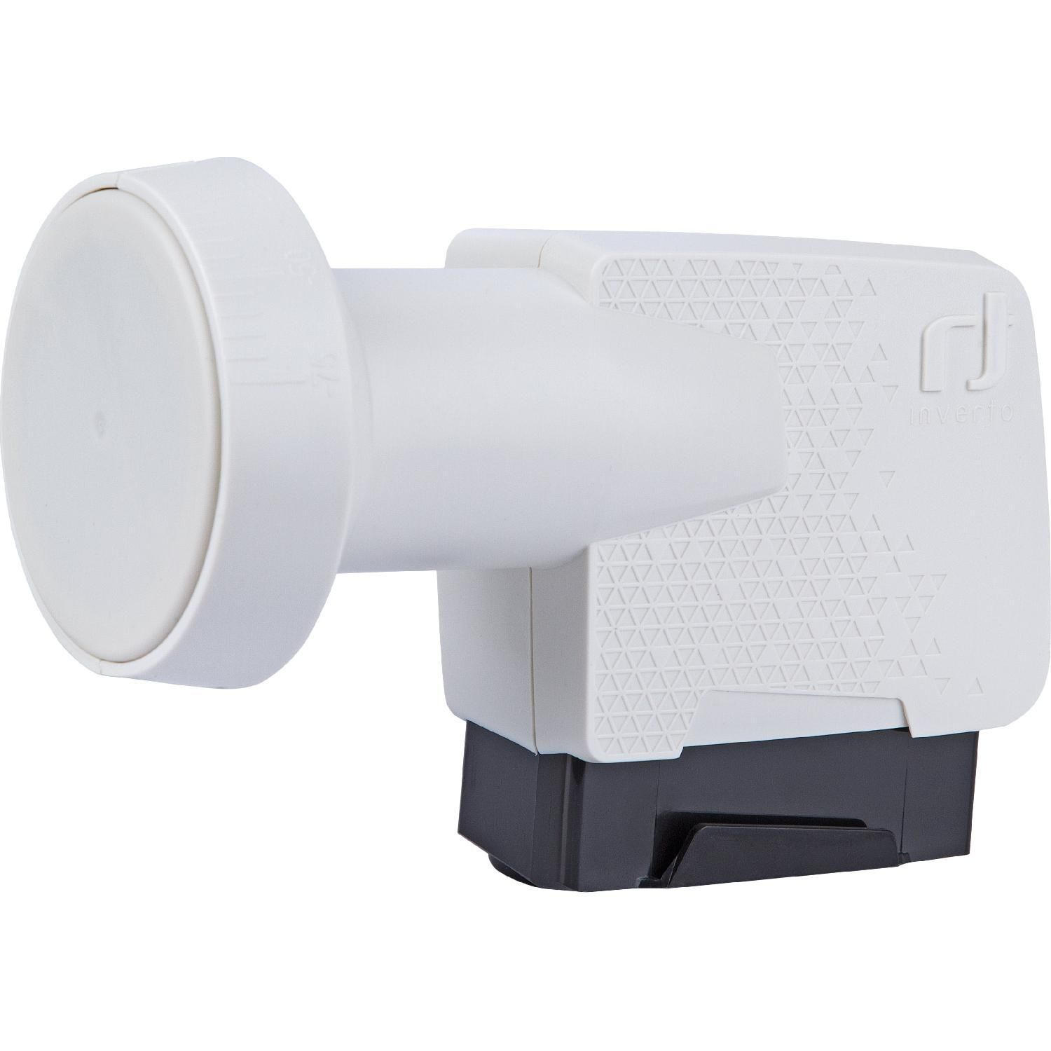Ein weißer LNB (Low Noise Block Downconverter) für Satellitenempfang mit einem schwarzen Steckerende.