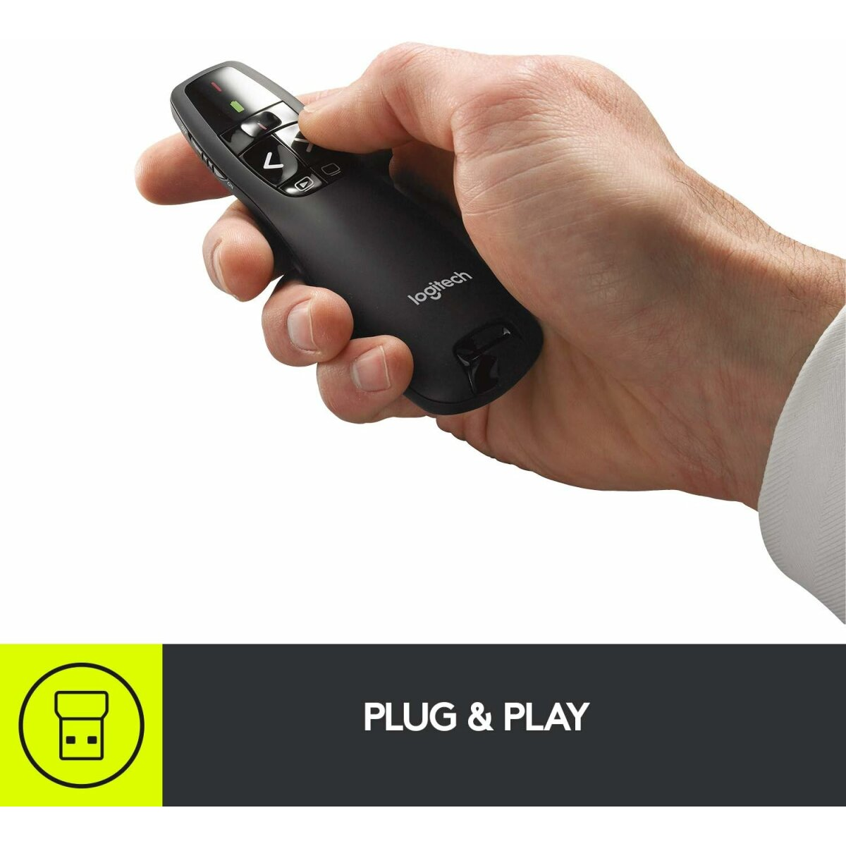 Schwarze Logitech Präsentationsfernbedienung in der Hand, mit Plug & Play Symbol.