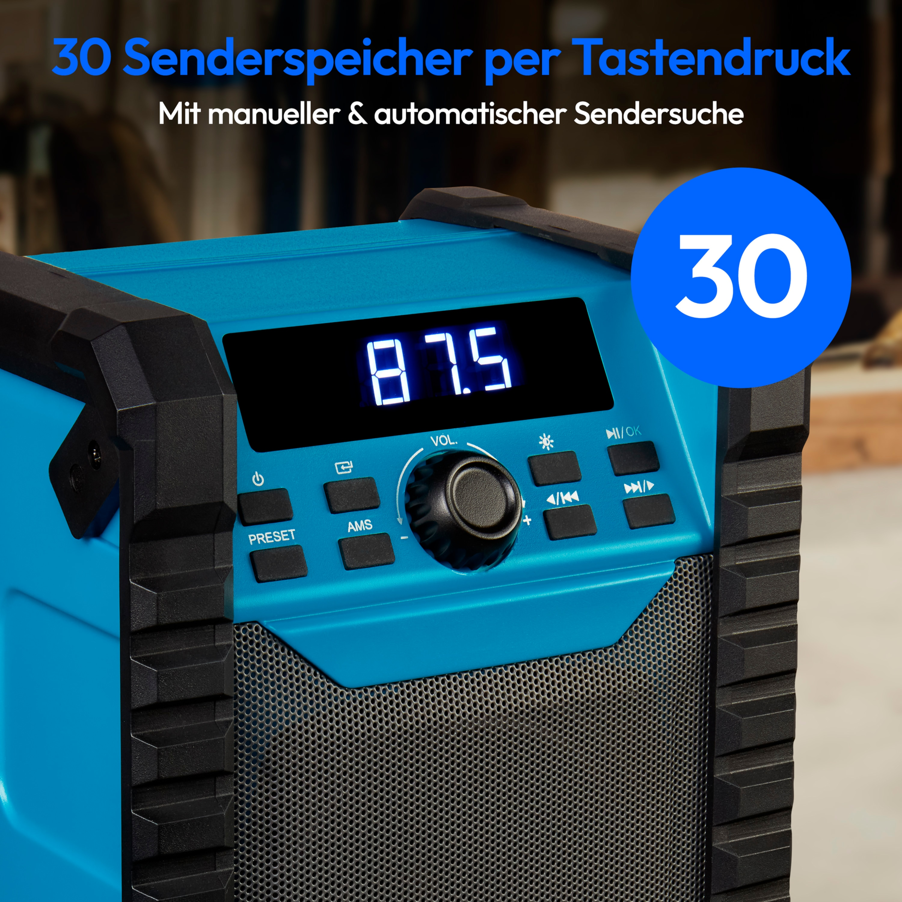 Blaues Radio mit Digitalanzeige 87,5. Text: 30 Senderspeicher. Schwarzer Lautsprechergrill unten.