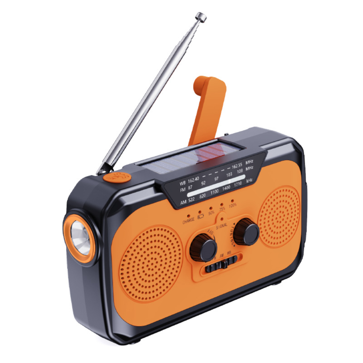 Orange-schwarzes Radio mit Antenne, Griff und Solarpanel auf weißem Hintergrund.