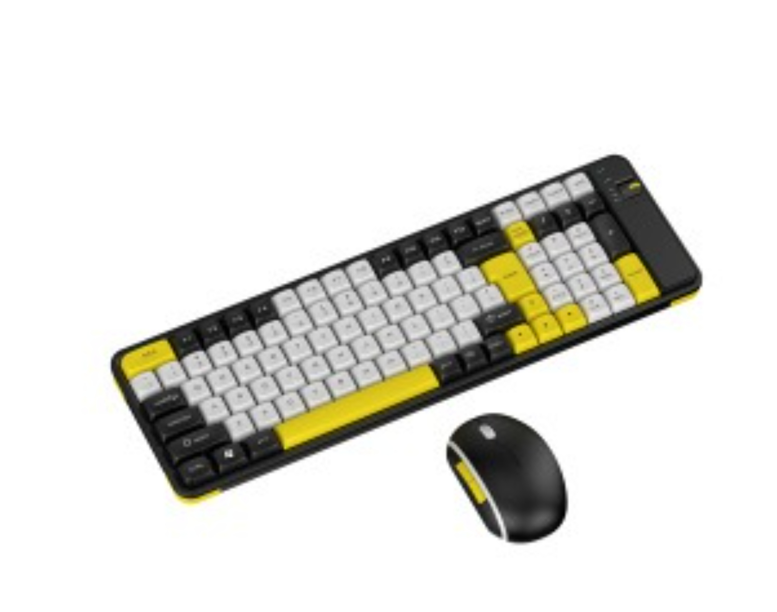 Schwarze und gelbe Tastatur mit einer schwarzen Maus. Weißer Hintergrund.