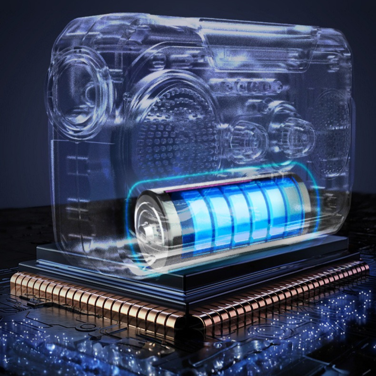 Ein transparentes Bild einer Batterie in einem durchsichtigen Gehäuse mit blauem Licht.