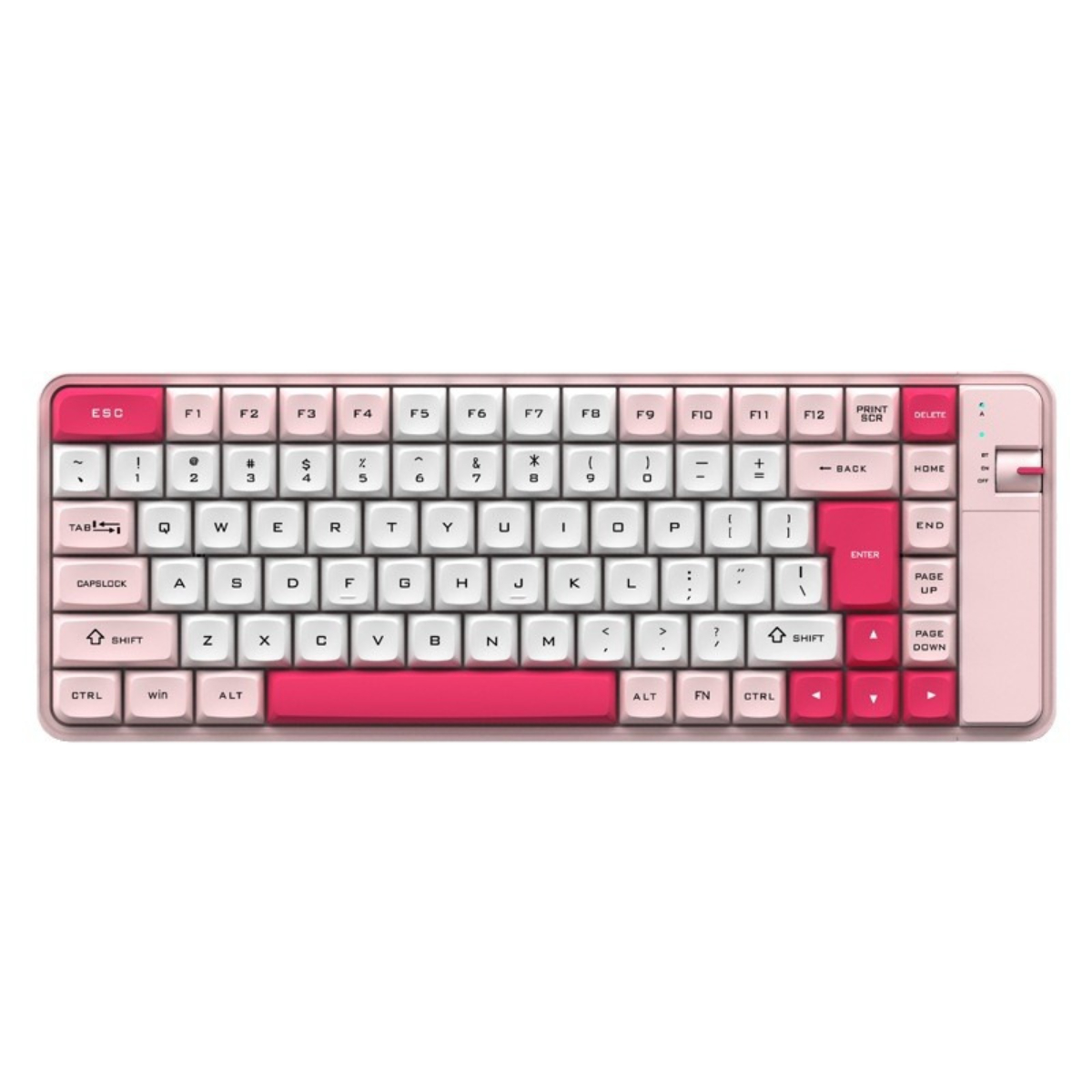 Draufsicht einer rosa mechanischen Tastatur mit weißen und rosa Tasten und einem rosa Rahmen.