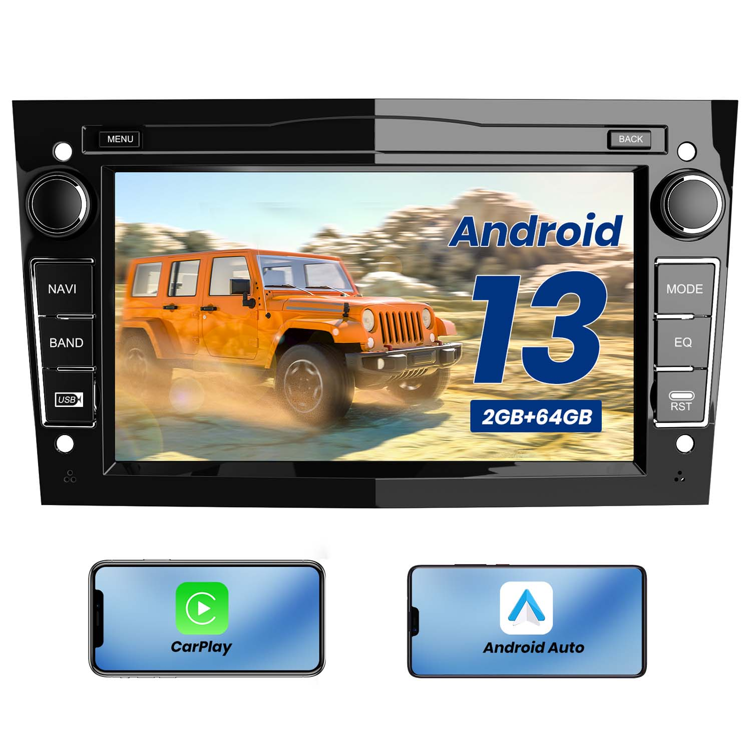 Autoradio mit Android 13 auf dem Bildschirm, zeigt einen orangefarbenen SUV. Zwei Telefonanzeigen: CarPlay & Android Auto.