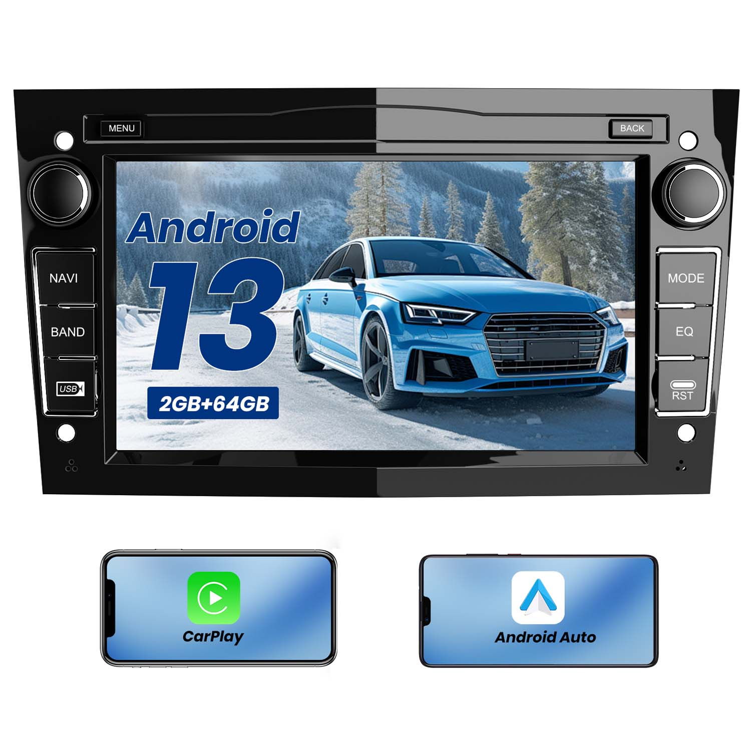 Autoradio mit Android 13-Oberfläche, ein Auto-Bild auf dem Bildschirm und zwei Smartphone-Displays.