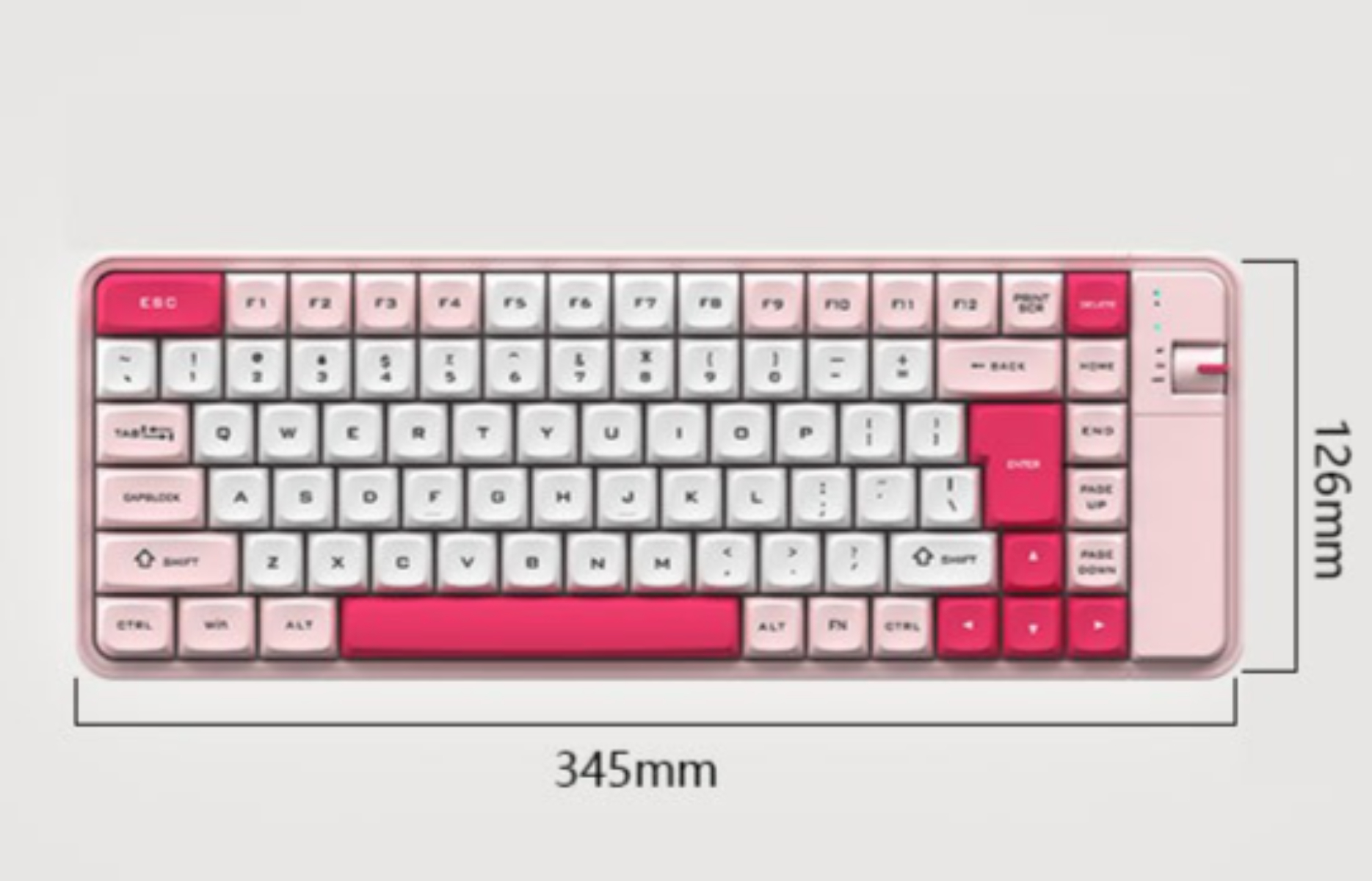 Eine rosa-weiße Tastatur mit roten Akzenten. Kompaktes Design ohne Nummernblock.