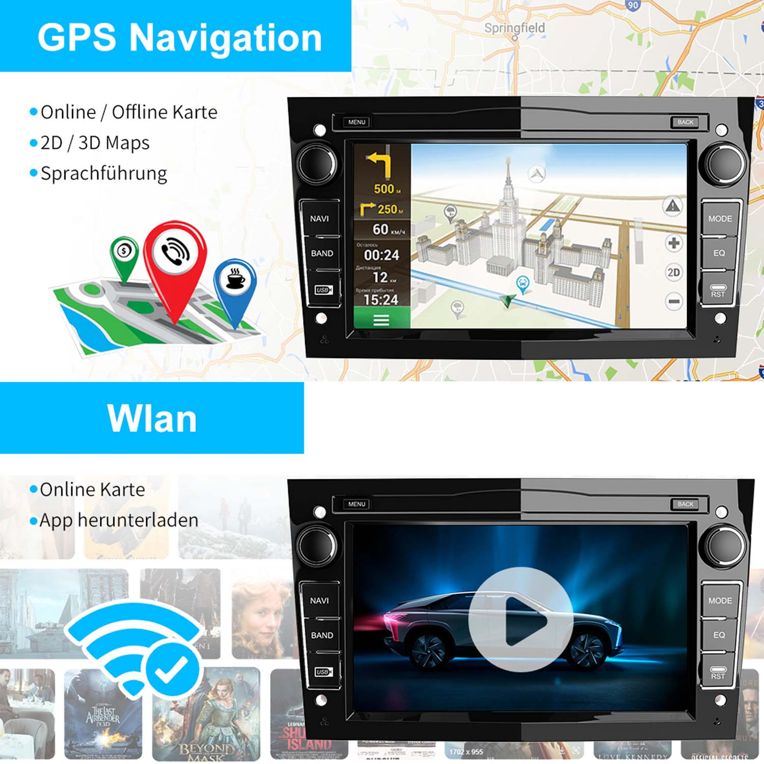 Auto-Navigationssystem, das eine Karte mit Wegbeschreibungen und ein Video eines Autos zeigt.