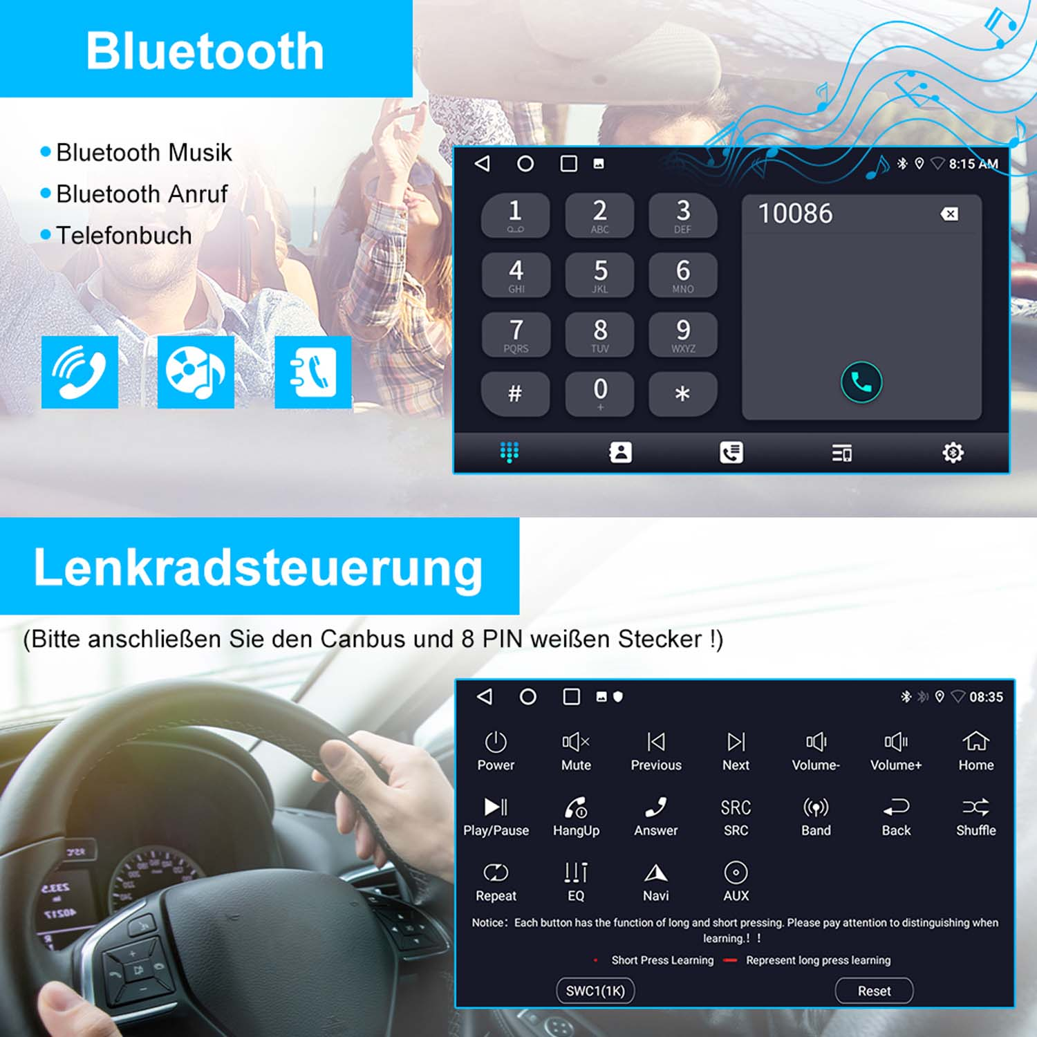 Ein Infotainment-Bildschirm zeigt Bluetooth-Funktionen und ein Ziffernfeld, darunter eine Hand am Lenkrad.