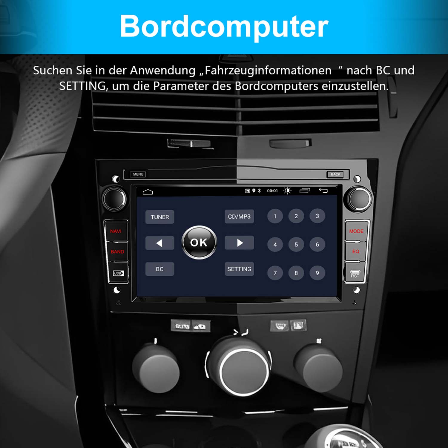 Auto-Radio-Display mit Navigationsschnittstelle. Schwarzer Armaturenbrett-Hintergrund.