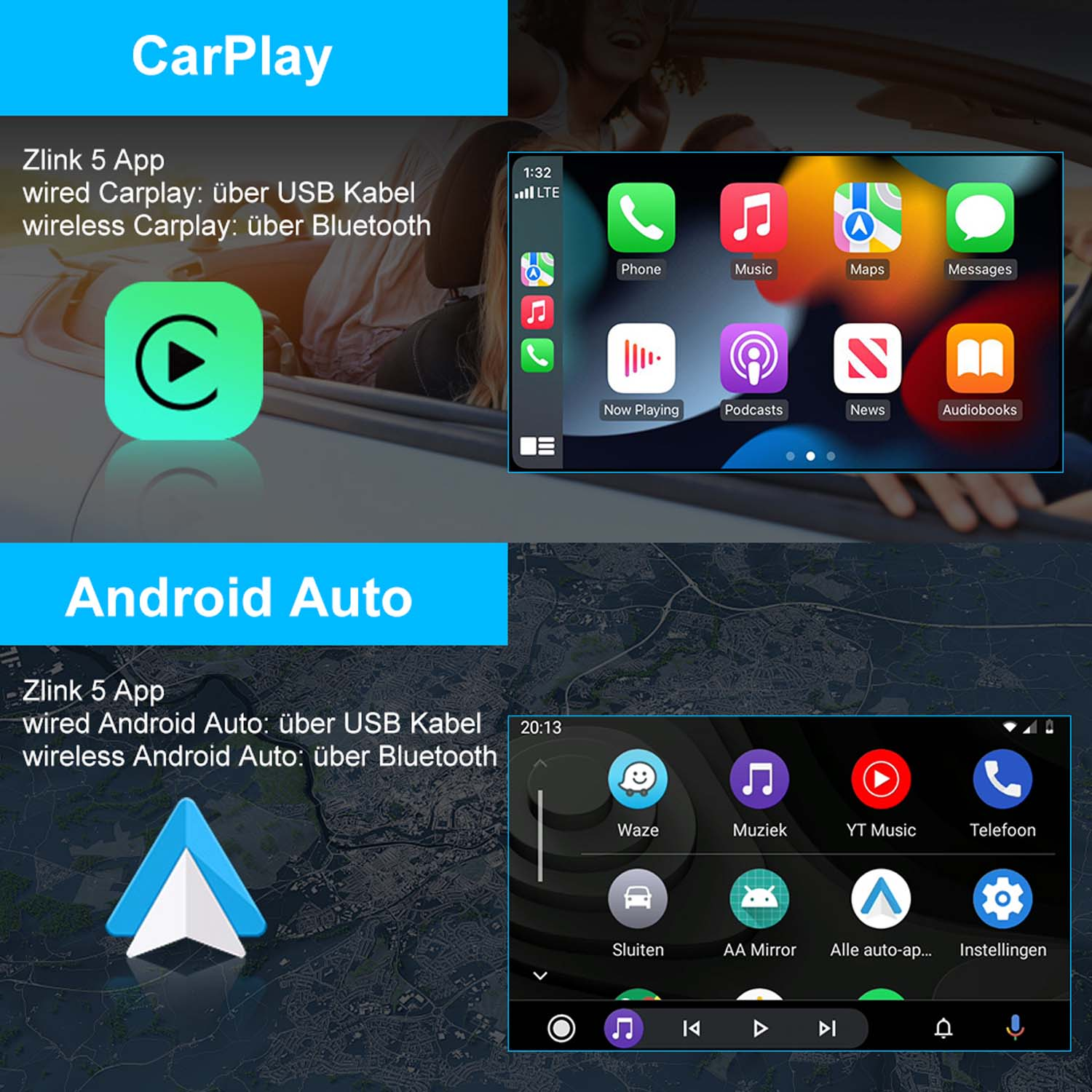 CarPlay- und Android Auto-Oberfläche auf einem Bildschirm, mit App-Symbolen, weißer Hintergrund.
