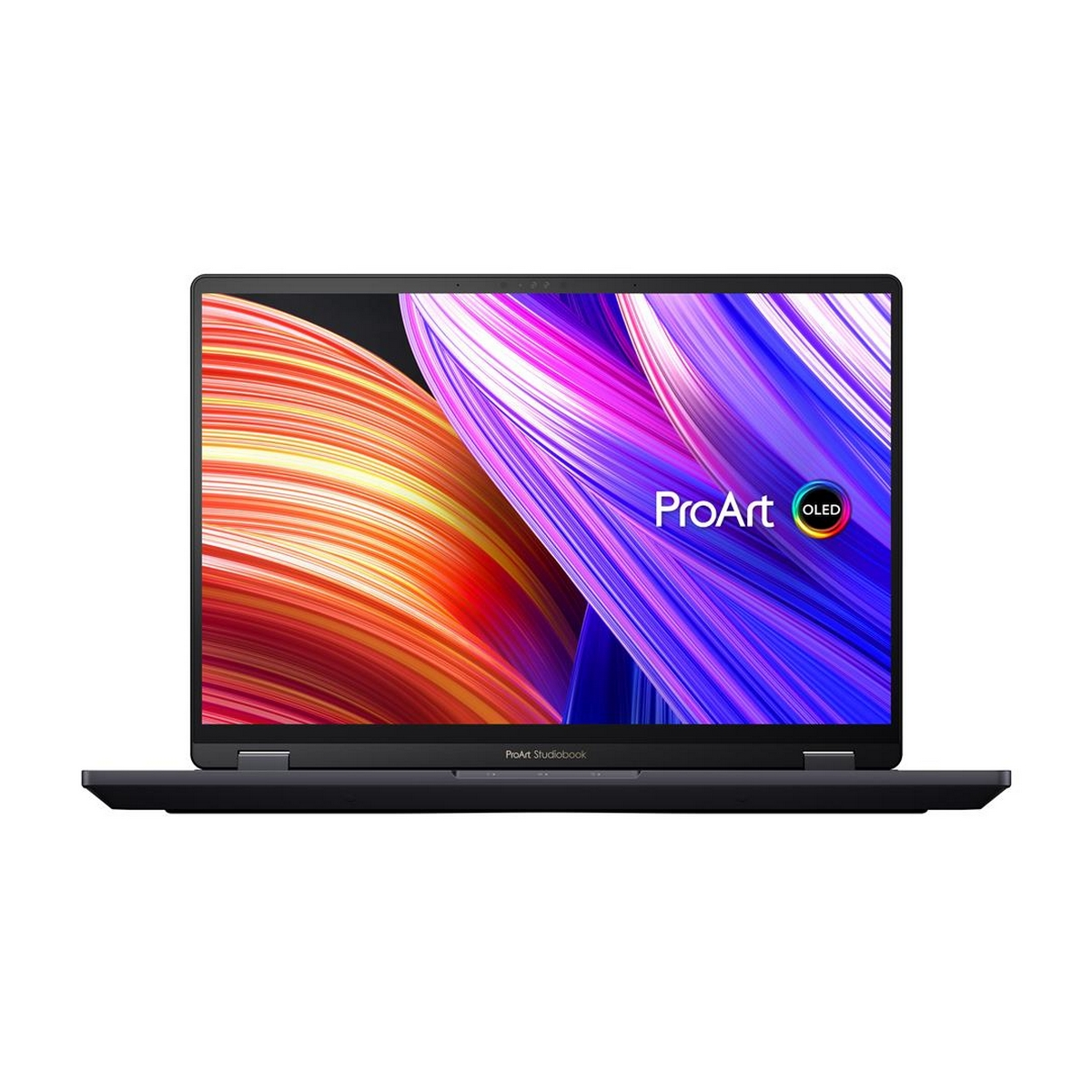 Laptop con schermo aperto che mostra un logo ProArt OLED. Il laptop è aperto, mostrando la tastiera e lo schermo.