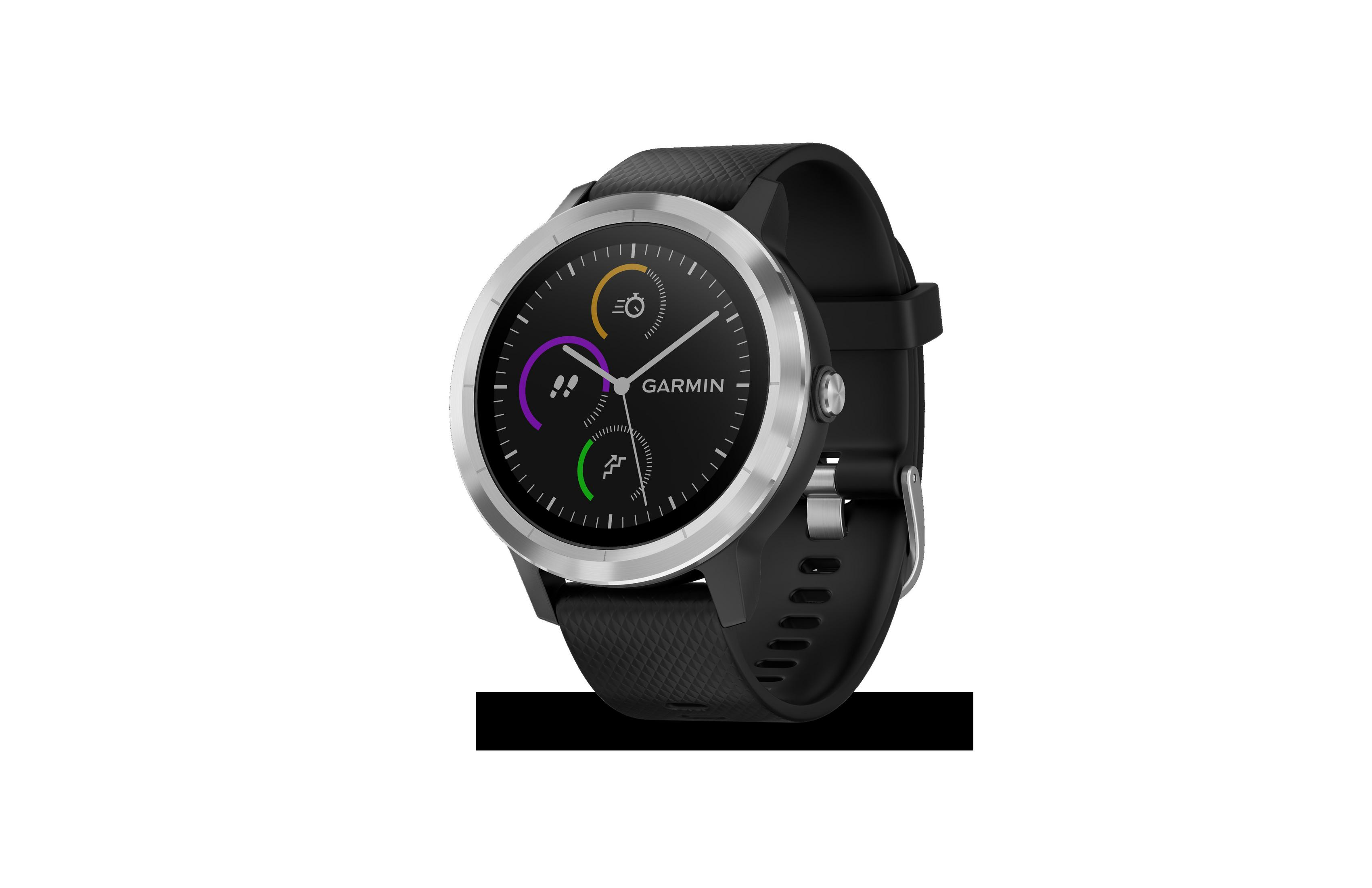 Schwarze Garmin Smartwatch mit silberner Lünette. Zeigt Zeit und Statistiken. Weißer Hintergrund.