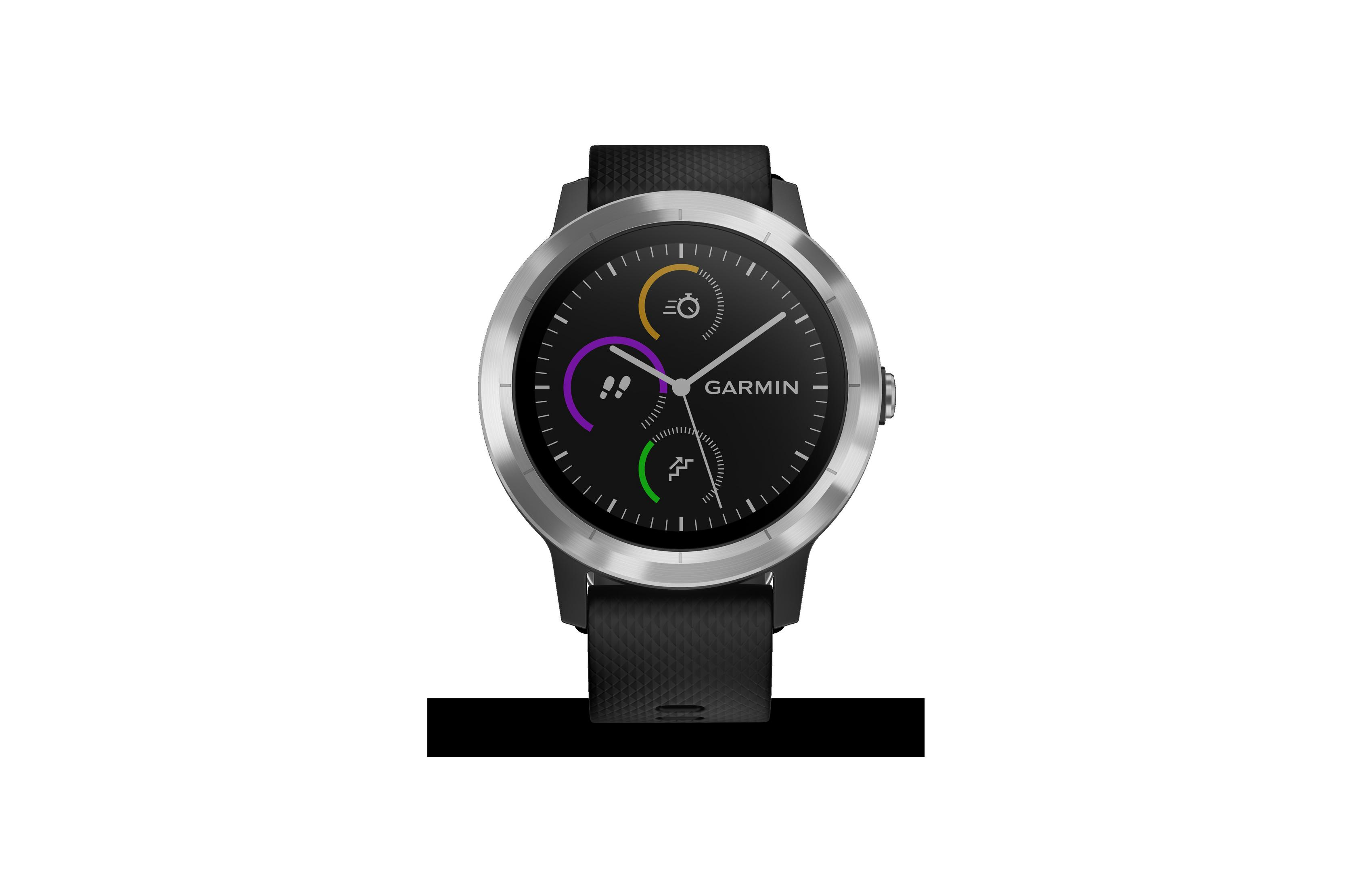 Eine Garmin Smartwatch mit schwarzem Armband. Das Zifferblatt zeigt verschiedene Datenpunkte.