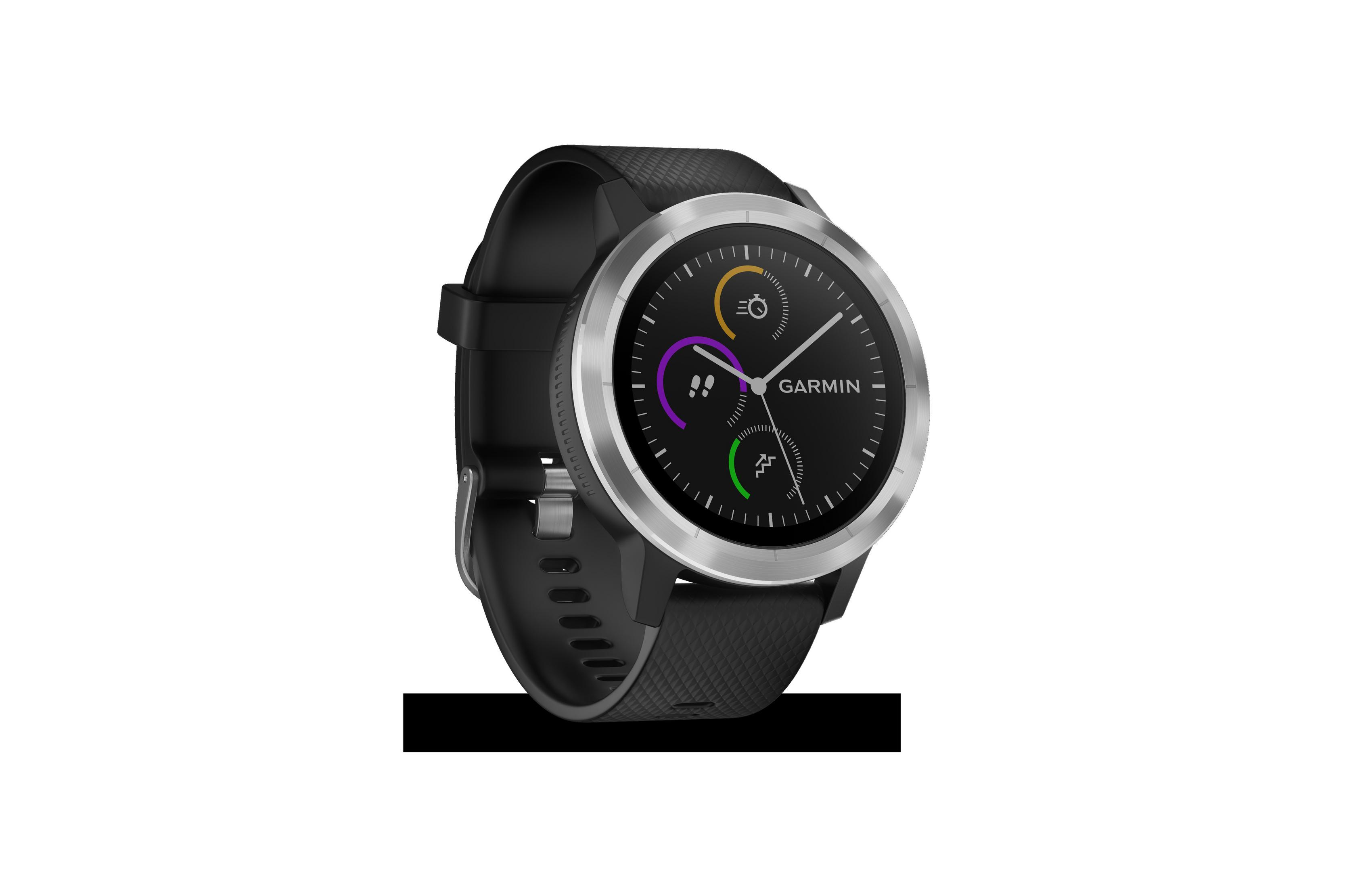 Garmin Smartwatch mit schwarzem Armband, zeigt das Garmin-Logo.