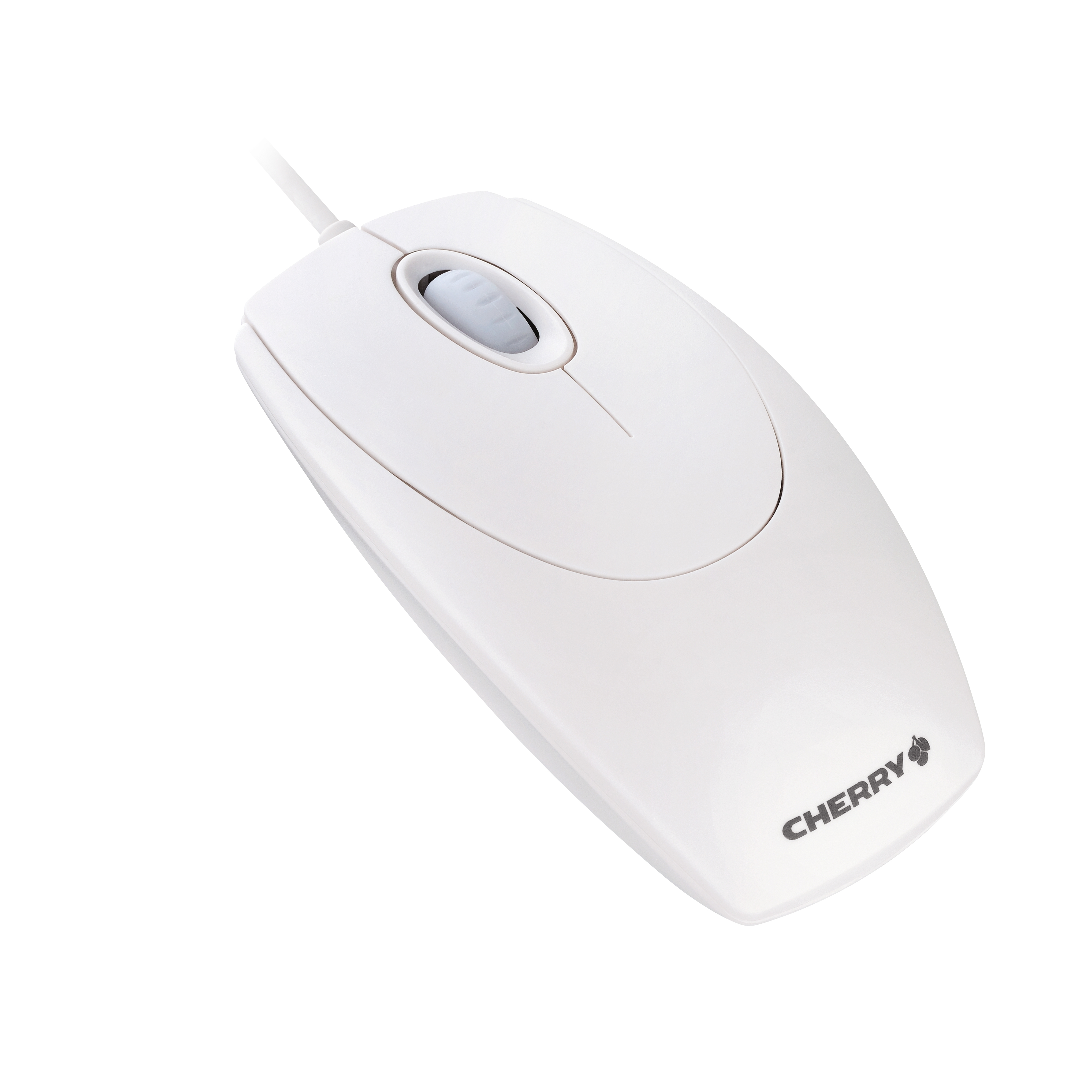 Witte computermuis met een scrollwiel en een Cherry-logo. Geïsoleerde witte achtergrond.