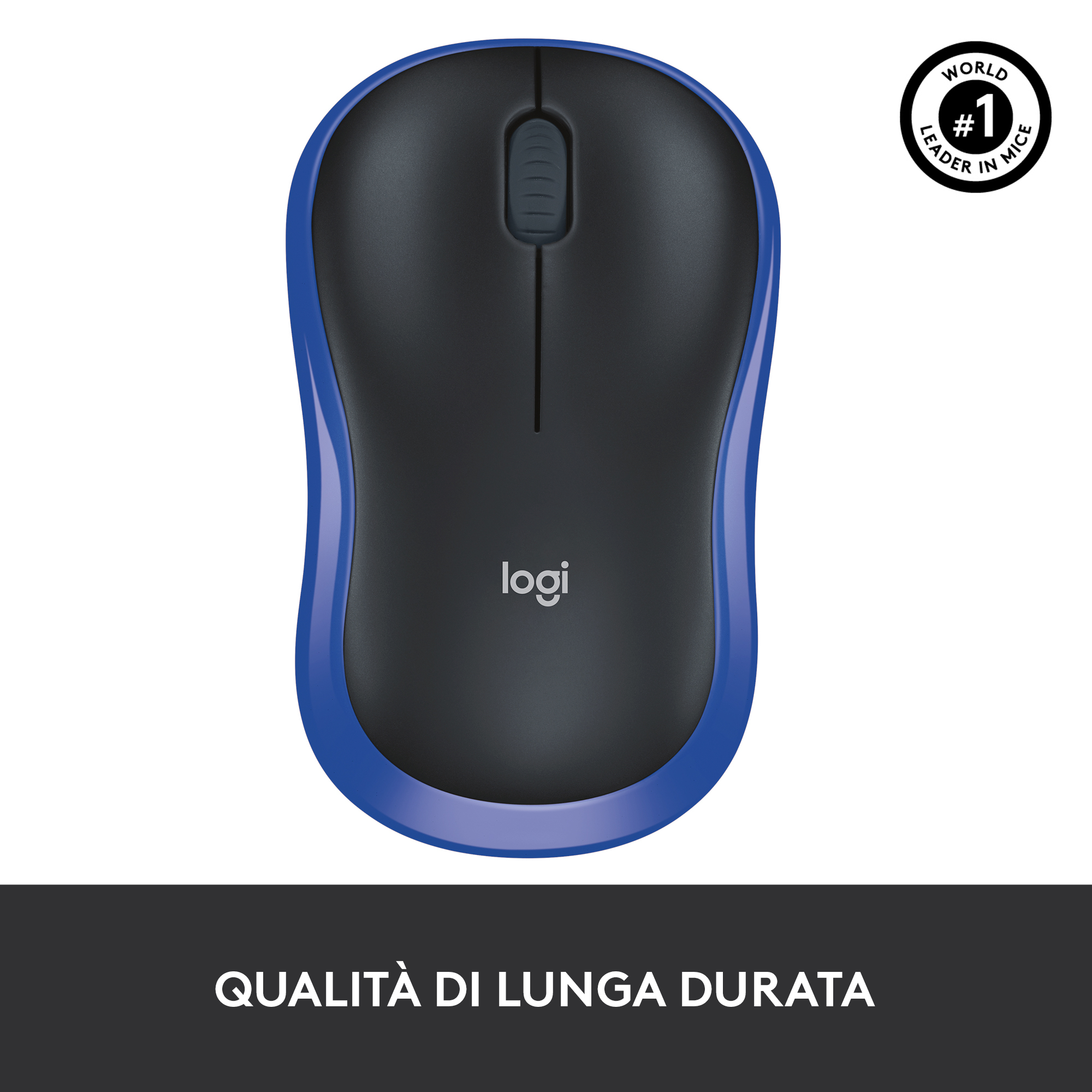 Czarna i niebieska mysz komputerowa z kółkiem przewijania i logo Logitech.