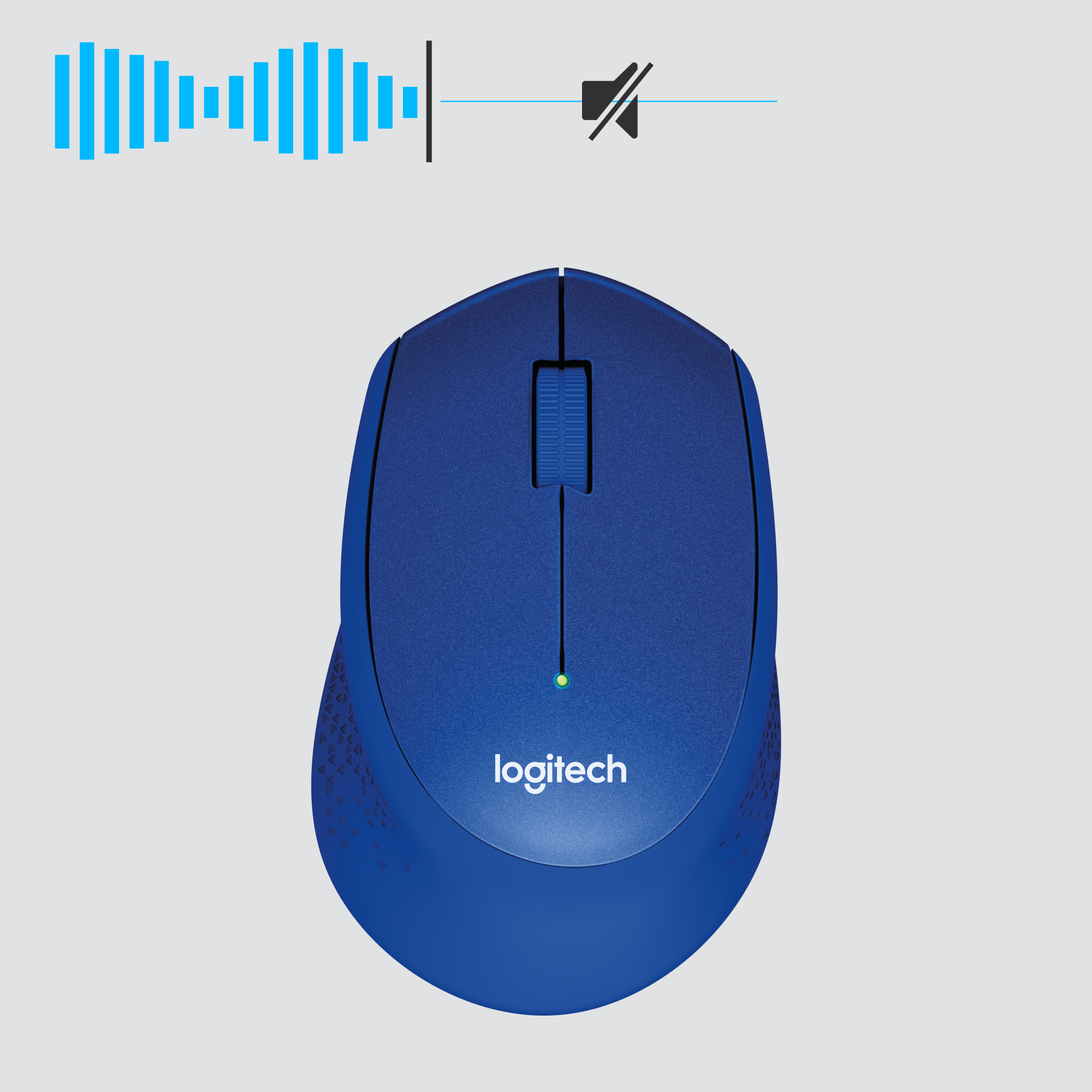 Blauwe Logitech muis met een scrollwiel en een geluid-uit symbool.