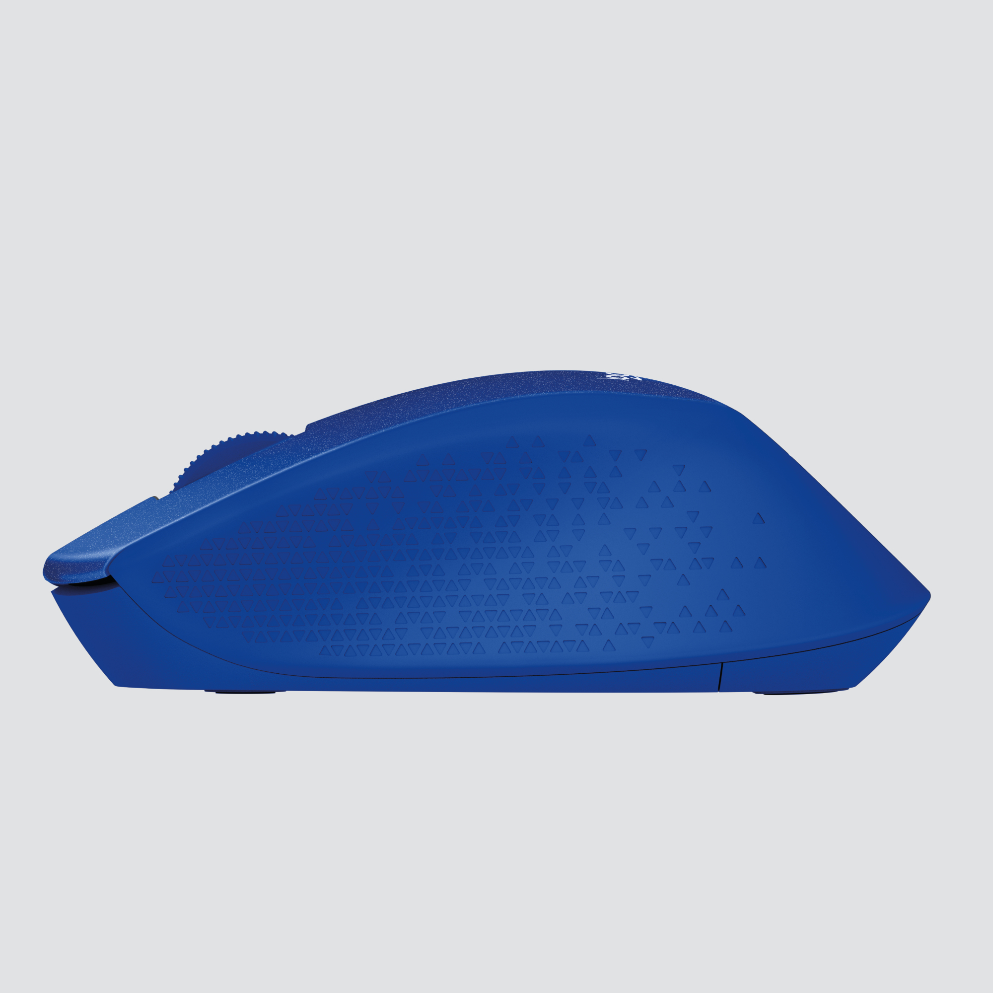 Blauwe computermuis met een patroon op het oppervlak. Het wordt vanaf een zijprofiel gezien.