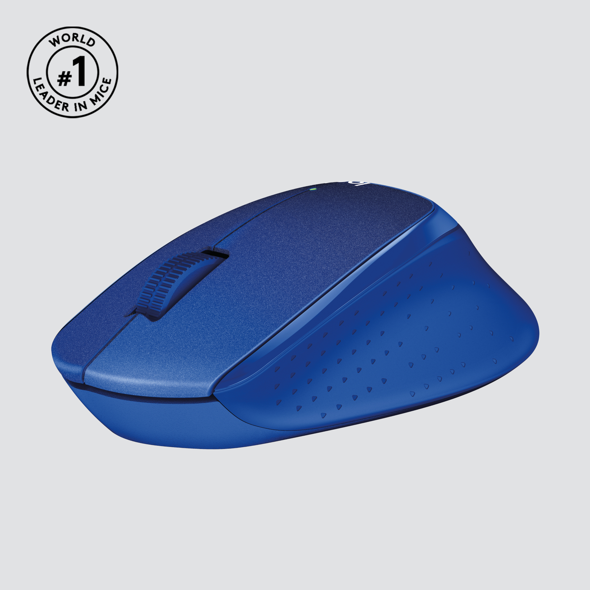 Blauwe draadloze muis, zijaanzicht, met scrollwiel.