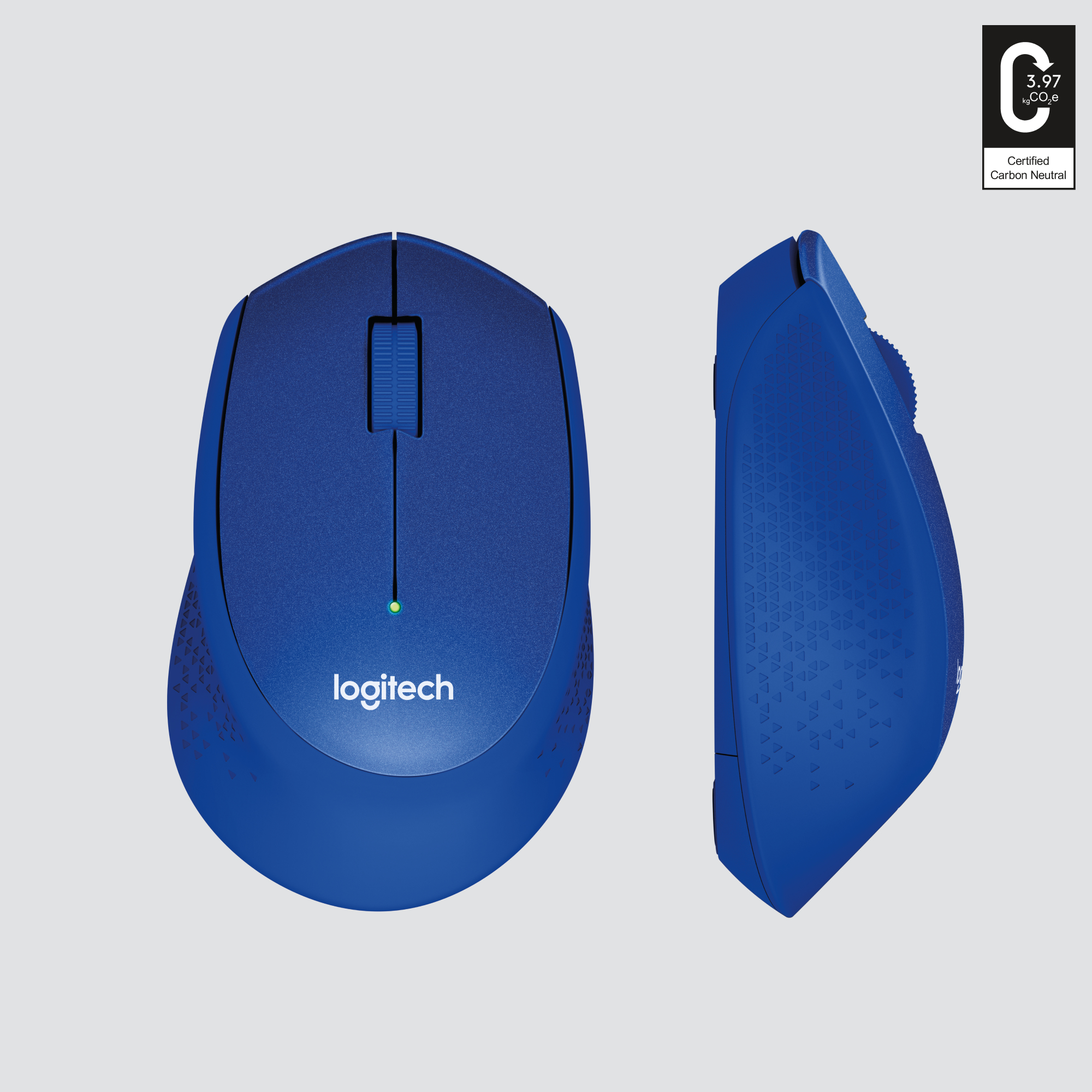 Blauwe Logitech-muis, twee aanzichten. De bovenaanzicht toont het logo en een scrollwiel.