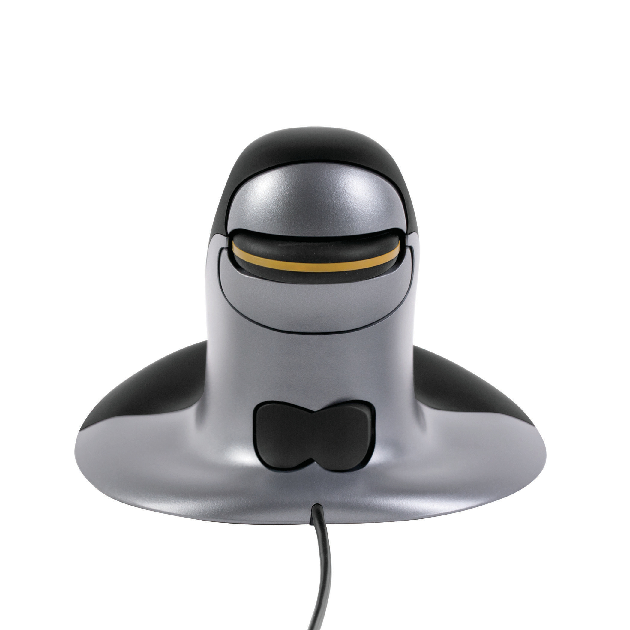 Szara mysz komputerowa z czarnym korpusem. Mysz ma żółtą linię i czarny przycisk. Białe tło.