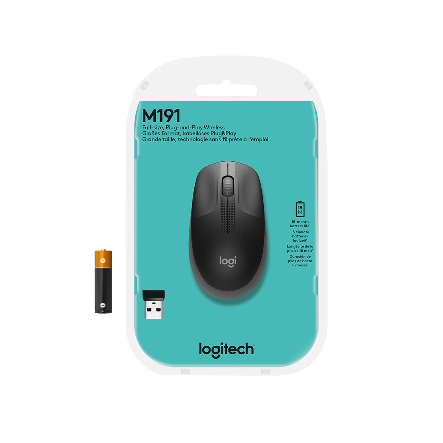 Czarna bezprzewodowa mysz Logitech w opakowaniu z baterią i odbiornikiem USB.