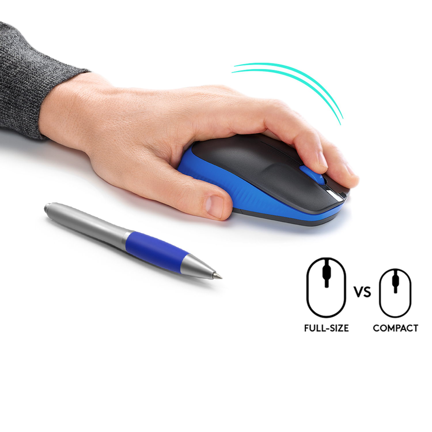Hand benutzt blaue Maus, Stift links, Vergleichsdiagramm. Weißer Hintergrund.